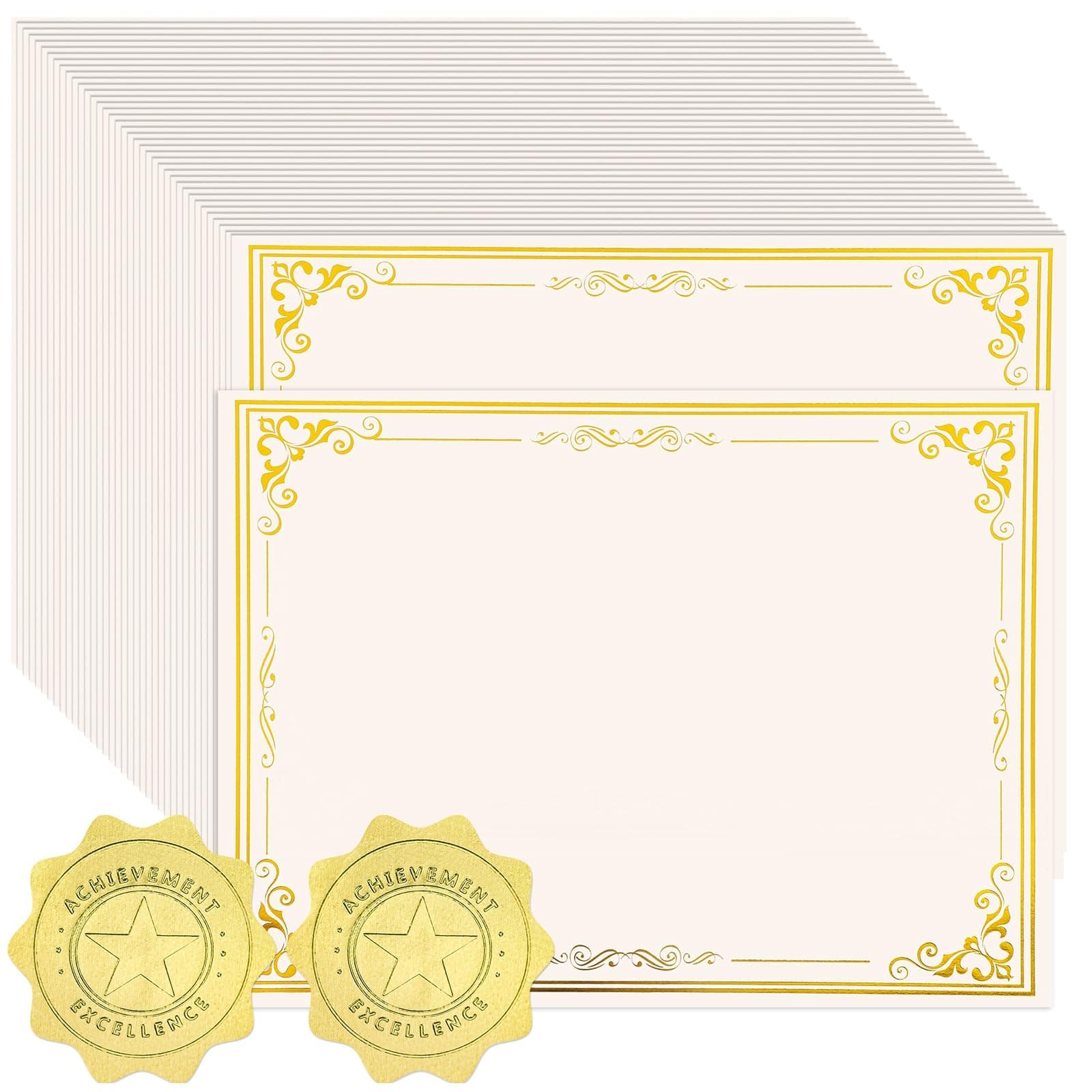 100 Sheets Certificate Paper with 100 Pcs Gold Seal Stickers, 8.5 × 11'' Printable Award Certificates for Graduation Marriage, Business Awards, Employee Recognition, Teacher Appreciation Certificates