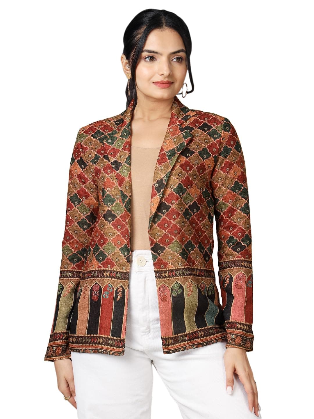 Fabcurate Ethnic Brown Blzaer for Women | Notched Collar with Full Sleeves Pashmina Jacket for Ladies | Fashionable Casual Wear