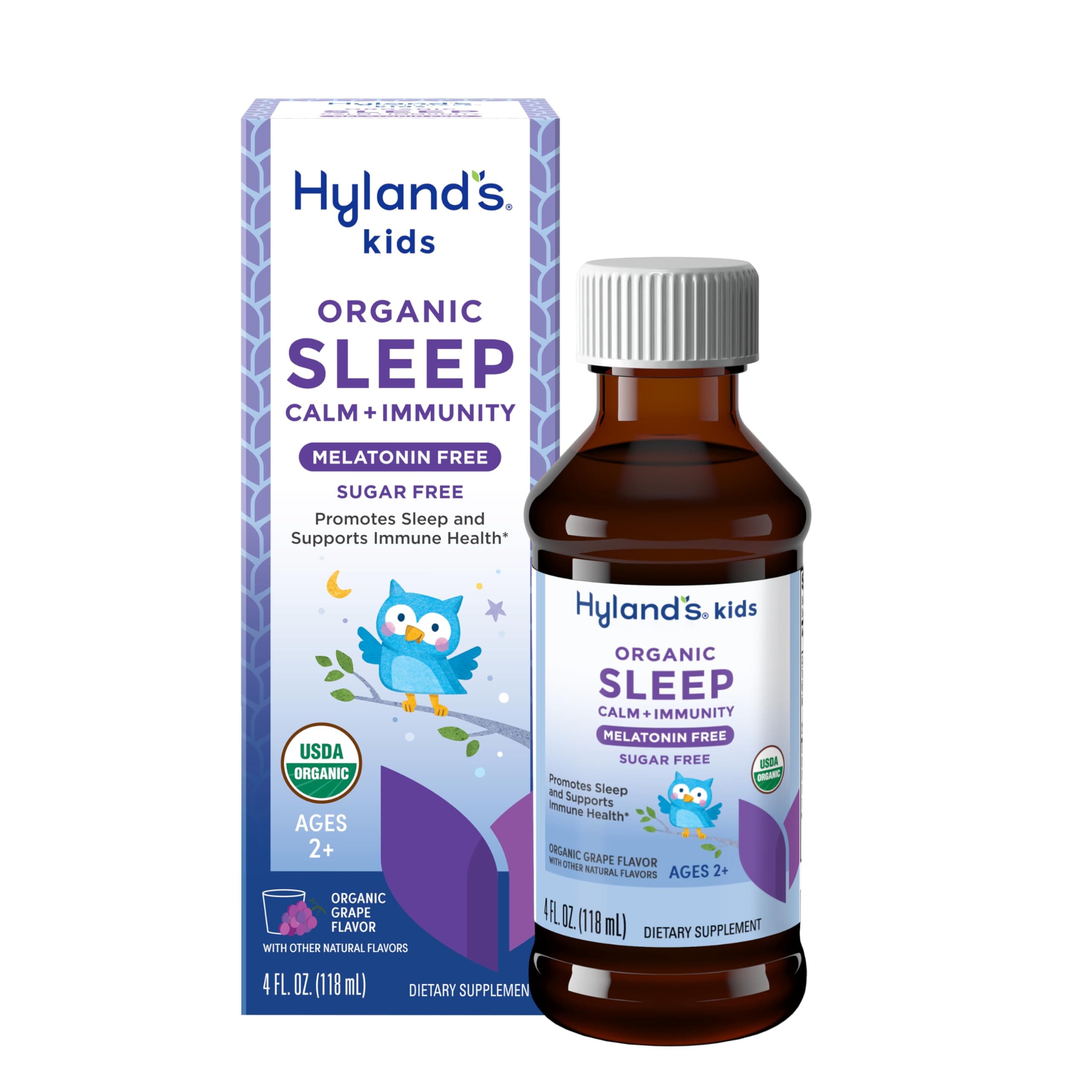 Kids Melatonin-Free Organic Sleep Calm & Immunity Liquid, Sugar-Free with Magnesium, Vitamin D, Zinc & Elderberry, Promotes Sleep & Supports Immune Health, Ages 2+, Grape Flavor, 4 Fl. Oz.