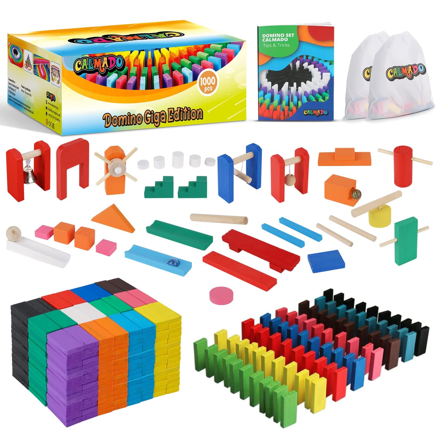 Calmado – 1000 PCS Wooden Dominos for Kids - Domino Toys for Outdoor or Indoor Game, Dominos for Kids Ages 4-12 Including Bag, Instruction Manual & Accessories