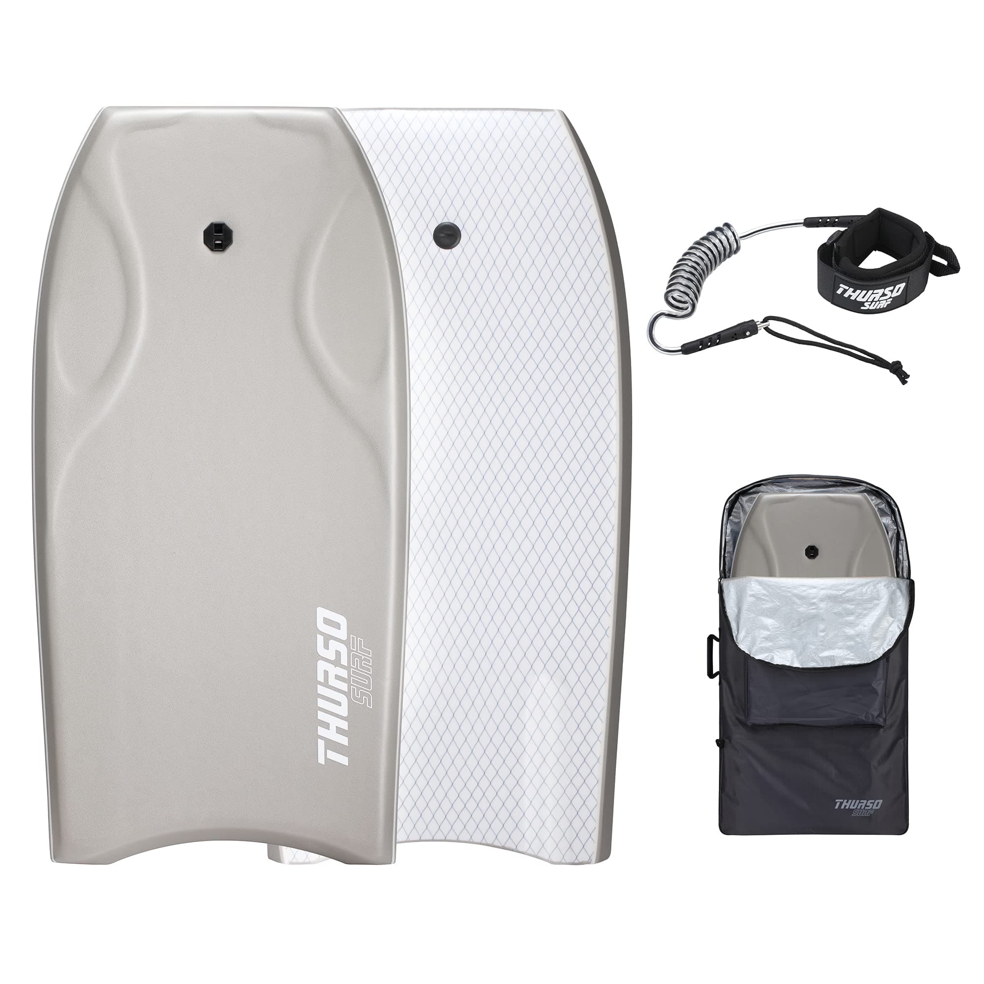 THURSO SURF – Lightning 42-inch Bodyboard Body Boards with Light Weight PE Core IXPE Deck HDPE Bottom & FRP Stringers Wave Board with Stainless Steel Double-Swivel Leash and Carrying Bag (Slate)