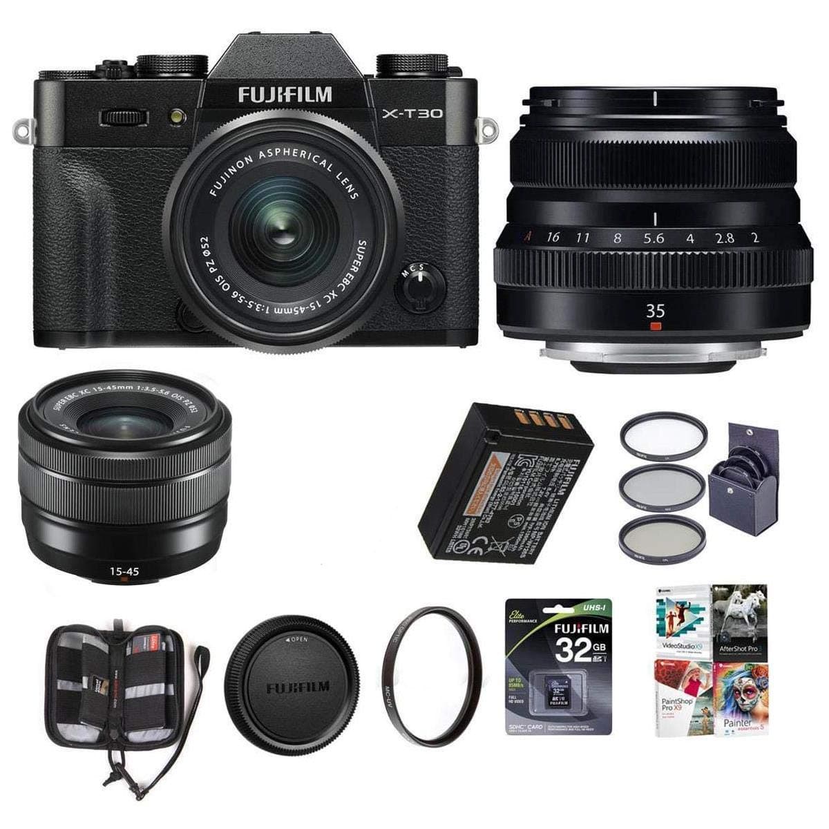 Fujifilm X-T30 Mirrorless Camera with XC 15-45mm f/3.5-5.6 OIS PZ Lens and XF 35mm F/2 RWR Lens, Black - Bundle with 32GB SDHC Card, 52mm Filter Kit, 43mm UV Filter, Memory Wallet, Software Package