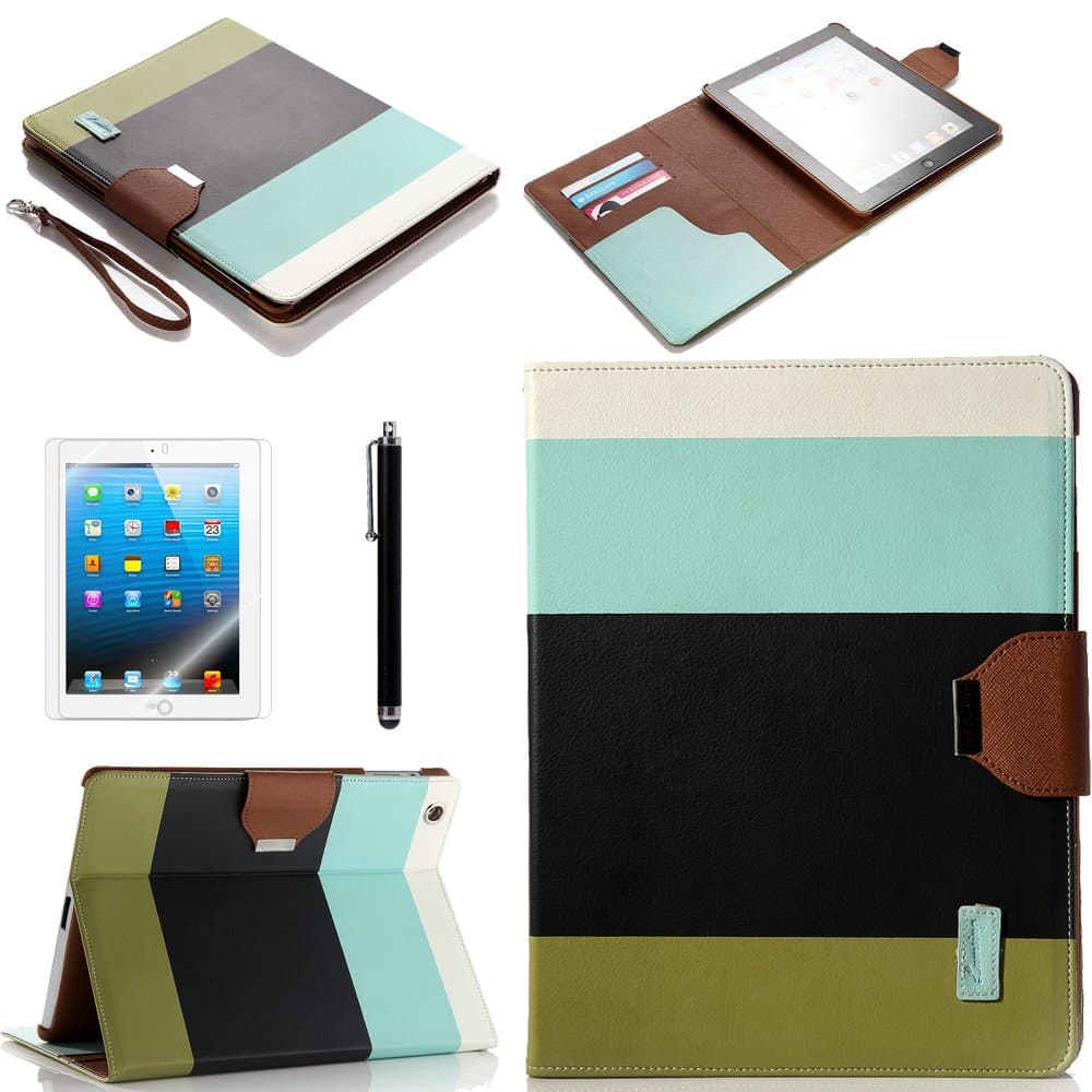 ATC Lumsing Colorful Wallet Design Magnetic PU Leather Stand Case Smart Cover for Apple iPad 2, iPad 3 (the new iPad) , iPad 4th Generation with Stylus (Wake/sleep Function)+ Screen protector (Blue+Black+Brown)