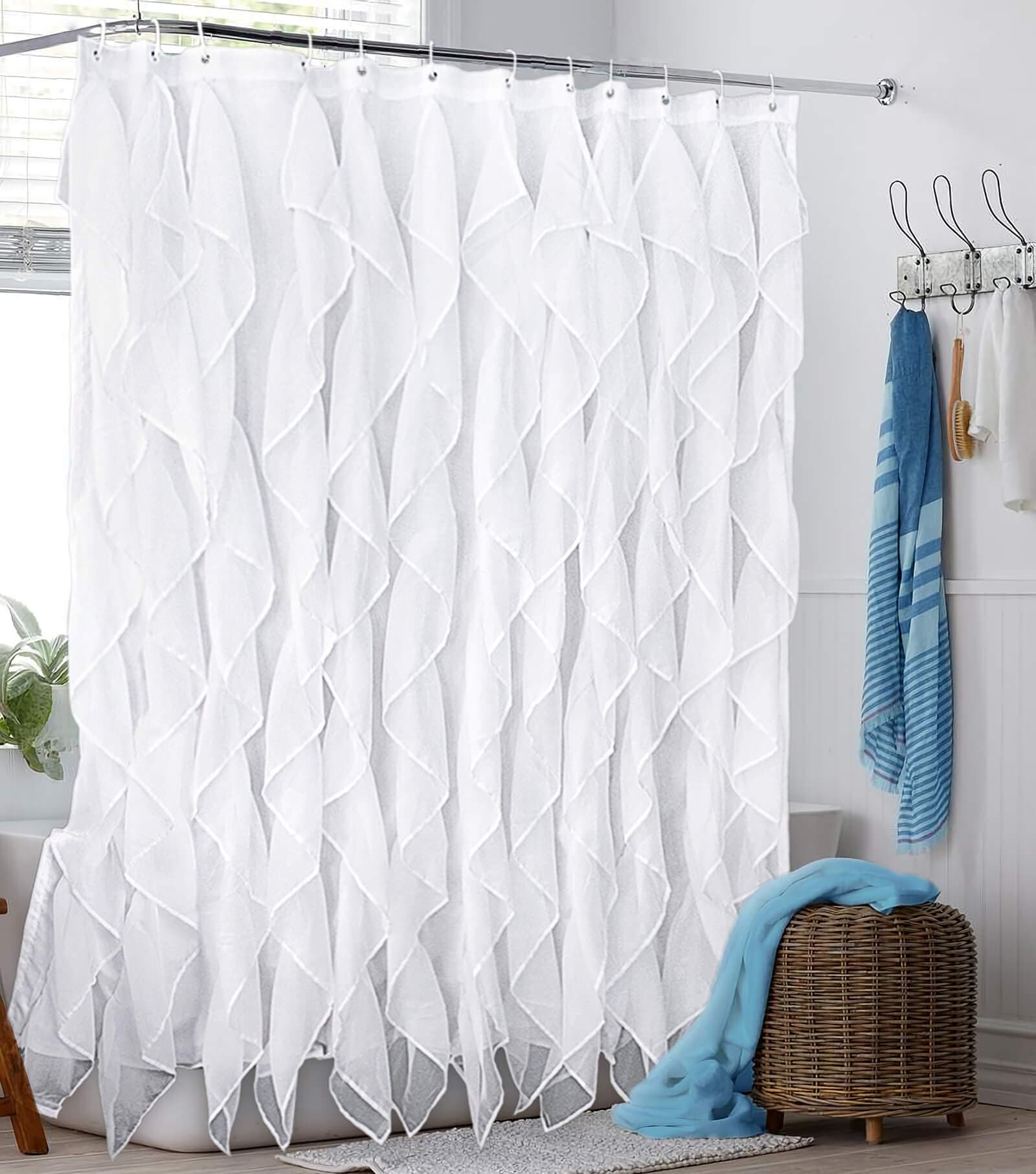 White Ruffle Shower Curtain Fabric/Cloth Farmhouse Bathroom Sheer Shower Curtain, 72in Long