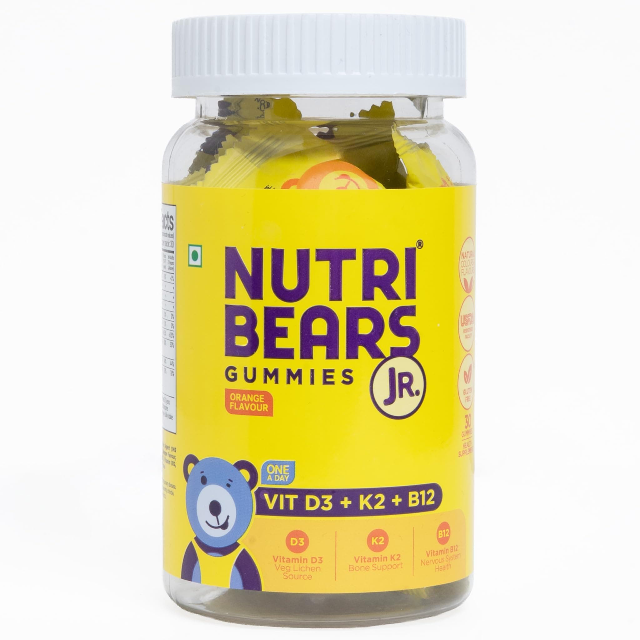 NutriBears Kids Vitamin D3 + K2 + B12 Gummies | Plant-Based Lichen D3 + MenaquinGold™ K2 (MK-7) | No Artificial Colours | Bones, Immunity & Mood | Vegetarian | Ages 2–12 | Orange | 30 Gummies