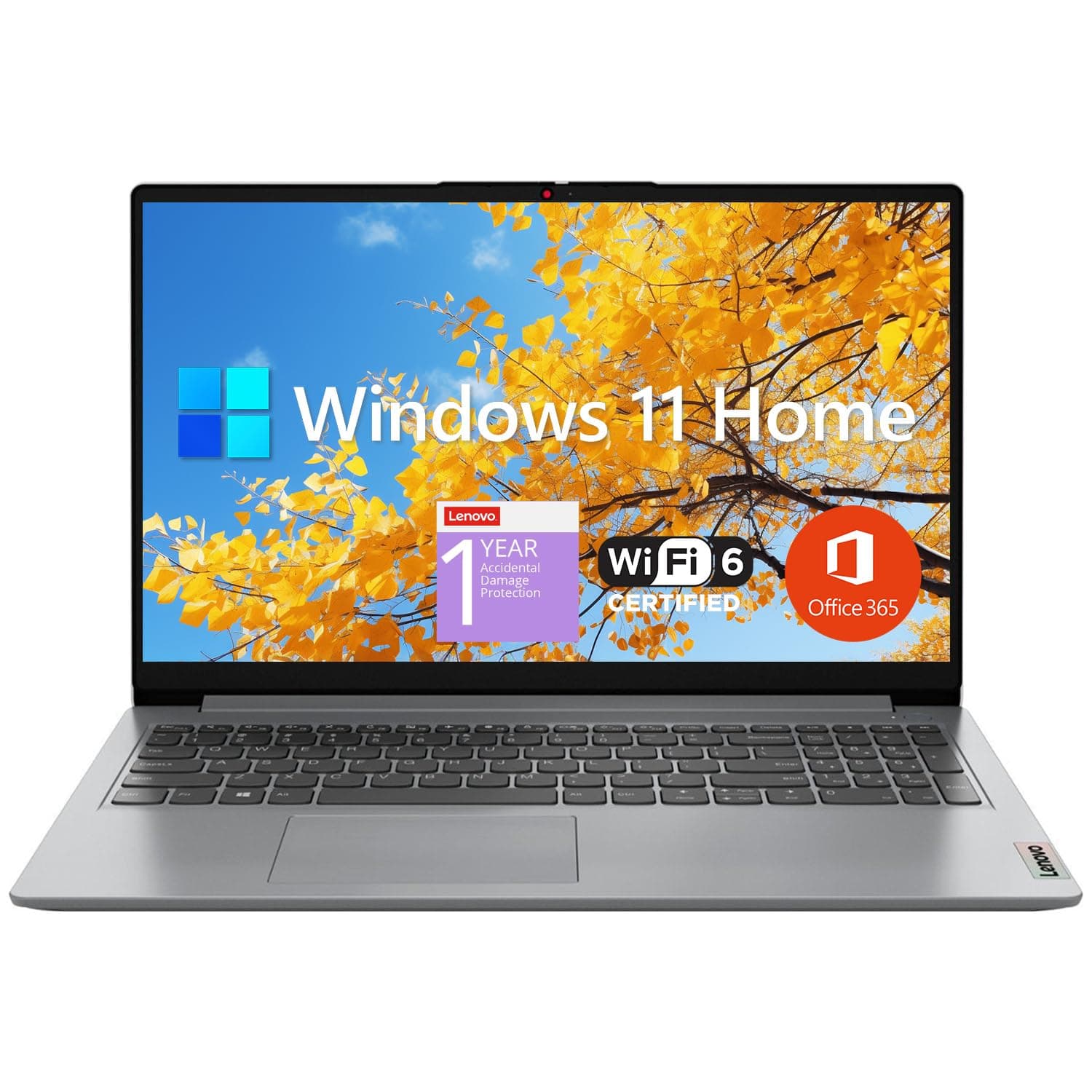 IdeaPad 1 Student Laptop, 15.6" FHD Display, Intel Dual Core Processor, 12GB RAM, 256GB SSD + 128GB eMMC, 1 Year Office 365, Wi-Fi 6, SD Card Reader, W11H, Grey, Additional 1 Yr ADP