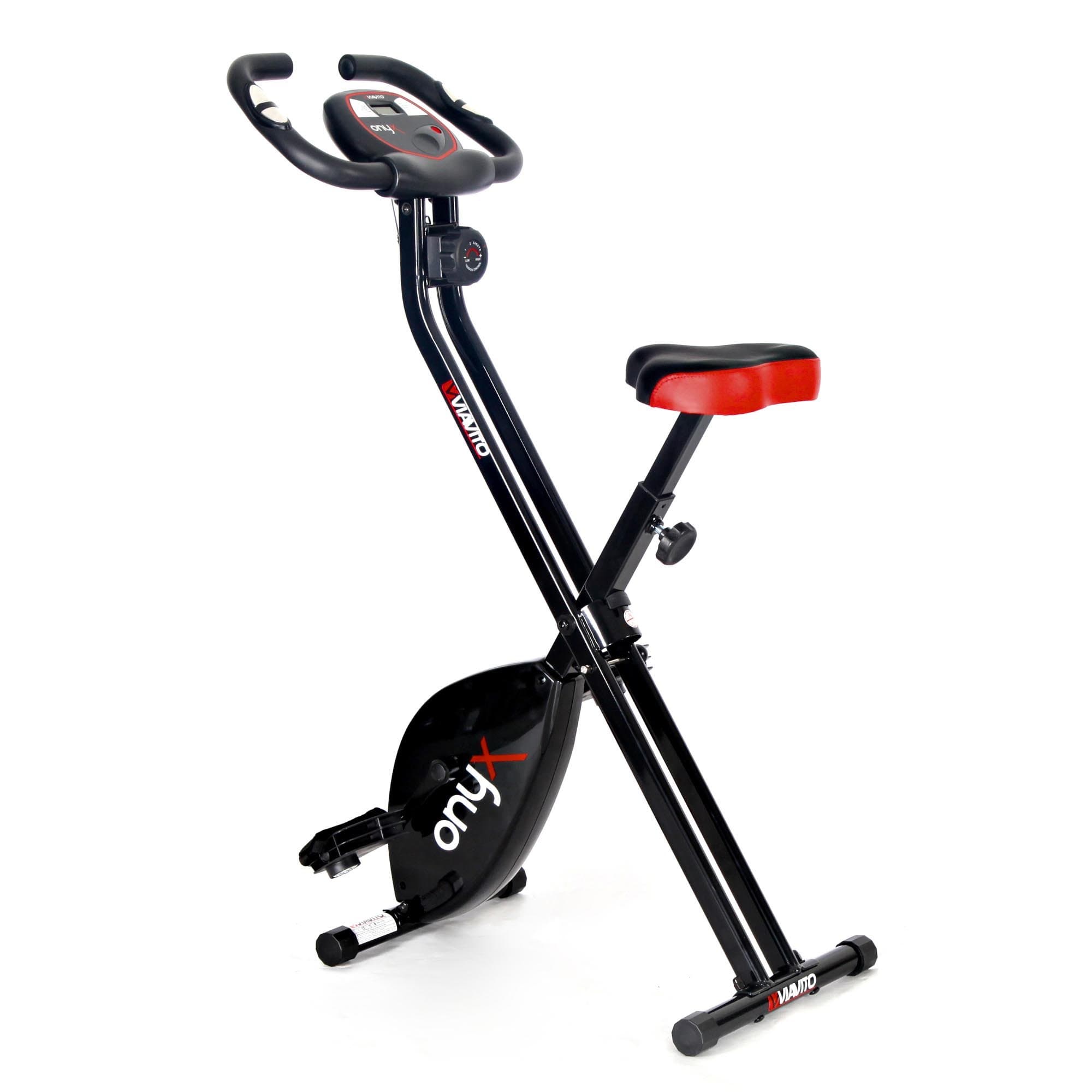 VIAVITO Folding Exercise Bike Onyx Compact Upright Stationary X-Bike Home Indoor Cycling Workout Fitness Equipment, 8 Magnetic Resistance Levels, LCD Display, Pulse Sensors, Comfortable Padded Seat