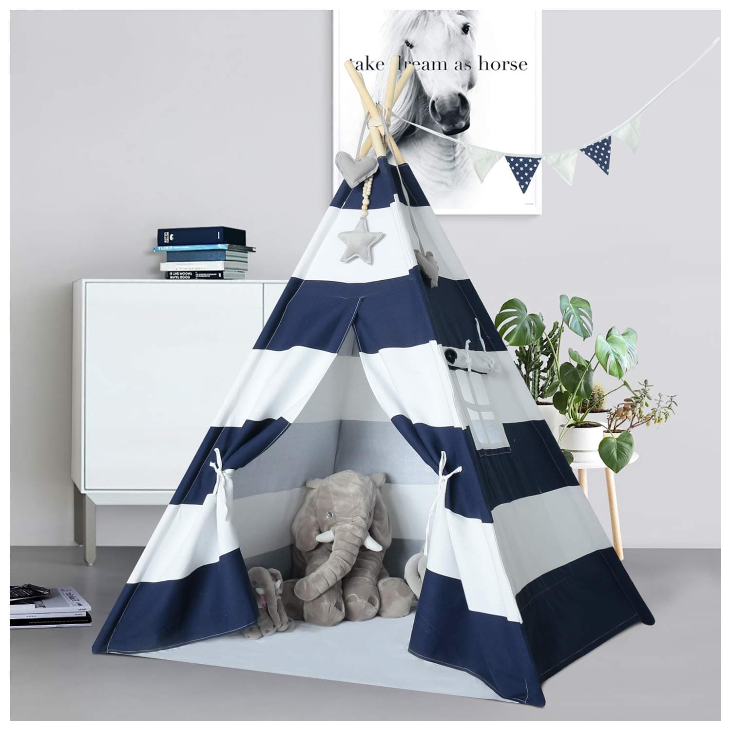 Kids Teepee Tent for Boys Navy White Stripe Teepee Tent Indian Canvas Tents for Toddlers Indoor Playhouse Play Tent for Kids