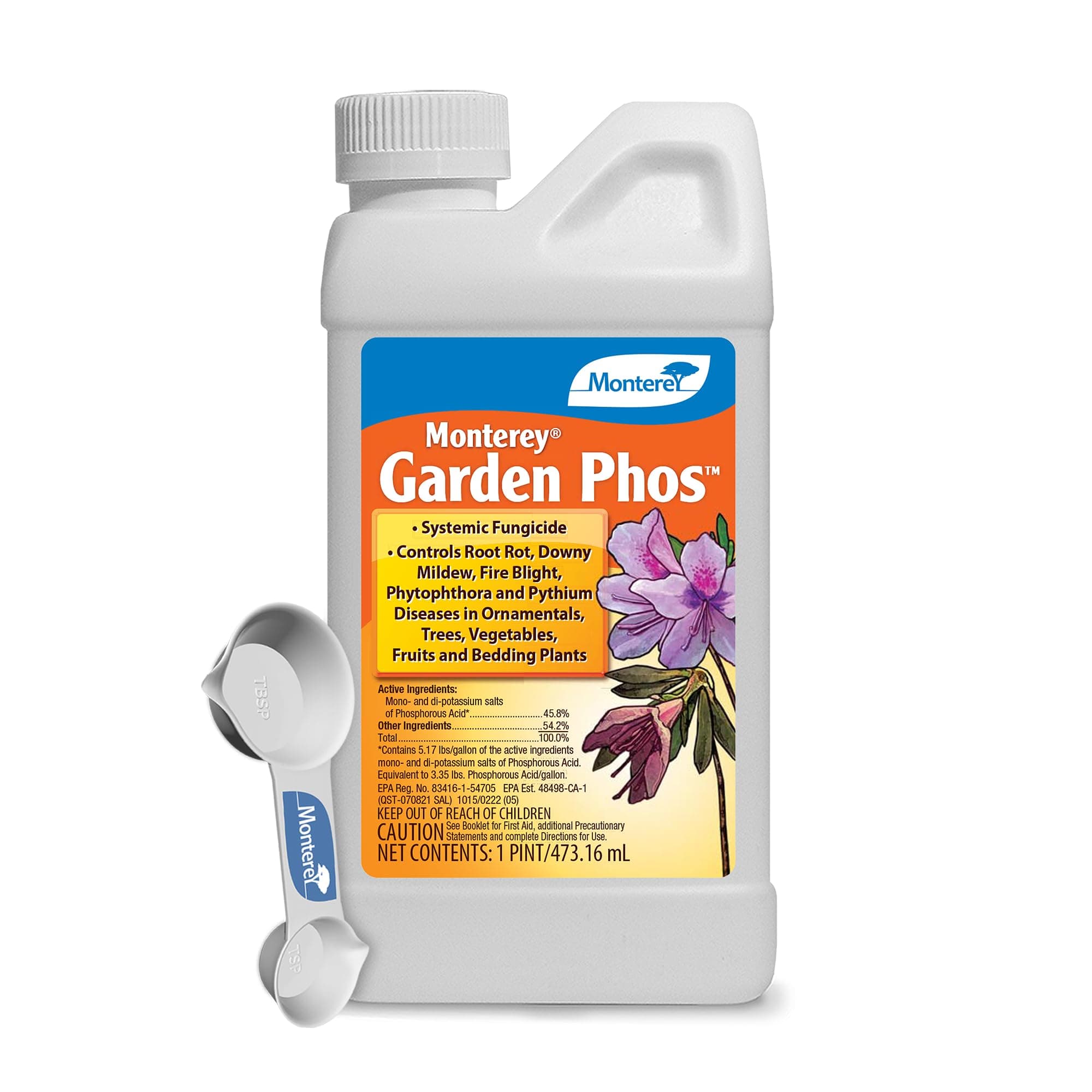 Monterey Garden Phos Bundled with Measuring Spoon - Fungicide for Root Rot, Downy Mildew, Fire Blight, Sudden Oak Death, Phytopthora & Pythium - 1 PT