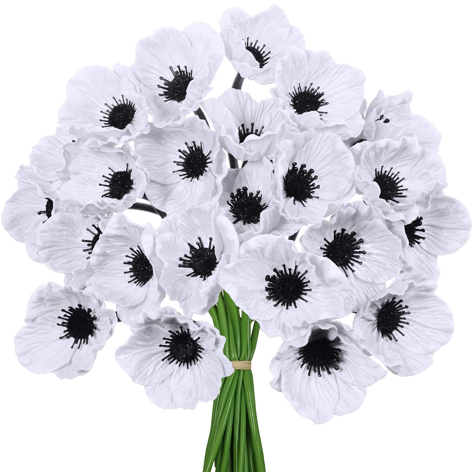 24 pcs Artificial White Poppy Flower Stems Real Touch Flower Fake Flowers in White with Black Center for Wedding Bouquets Corsages Centerpiece Floral Arrangements