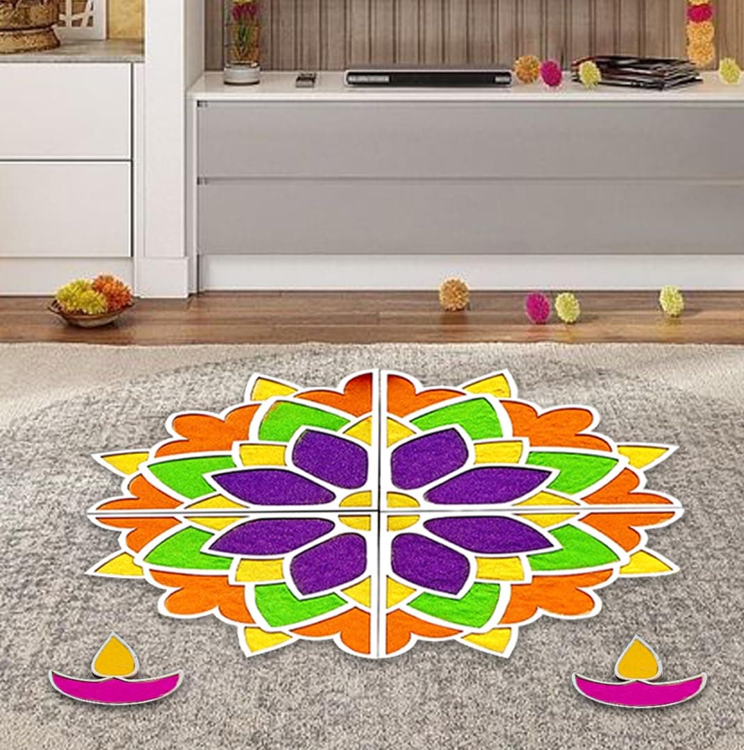 SOLOBOLO DIY Rangoli Mats for Pooja Decoration, 4 Pieces MDF 18 Inches Lotus Flower Rangoli Stencils for Door Entrance Big Size, 6 Rangoli Powder Colors, 2 Diwali Diya for Home Decor