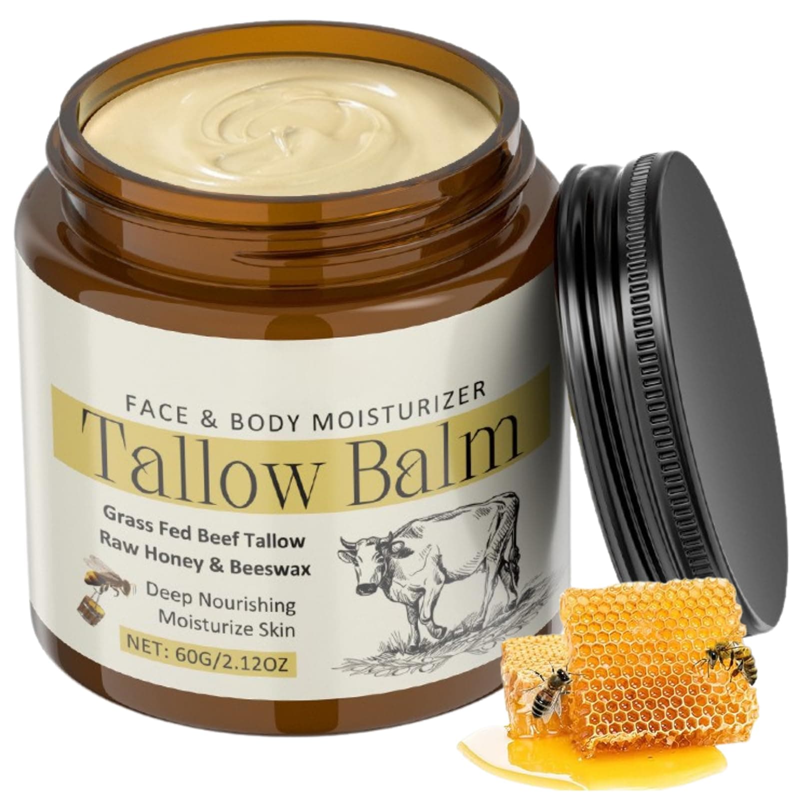 Beef Tallow for Skin, Beef Tallow Moisturiser for Face & Body, Beef Tallow Face Cream with Raw Honey & Beeswax, Tallow and Honey Balm, Beef Tallow Skin Care with Grass Fed Beef Tallow, 60g