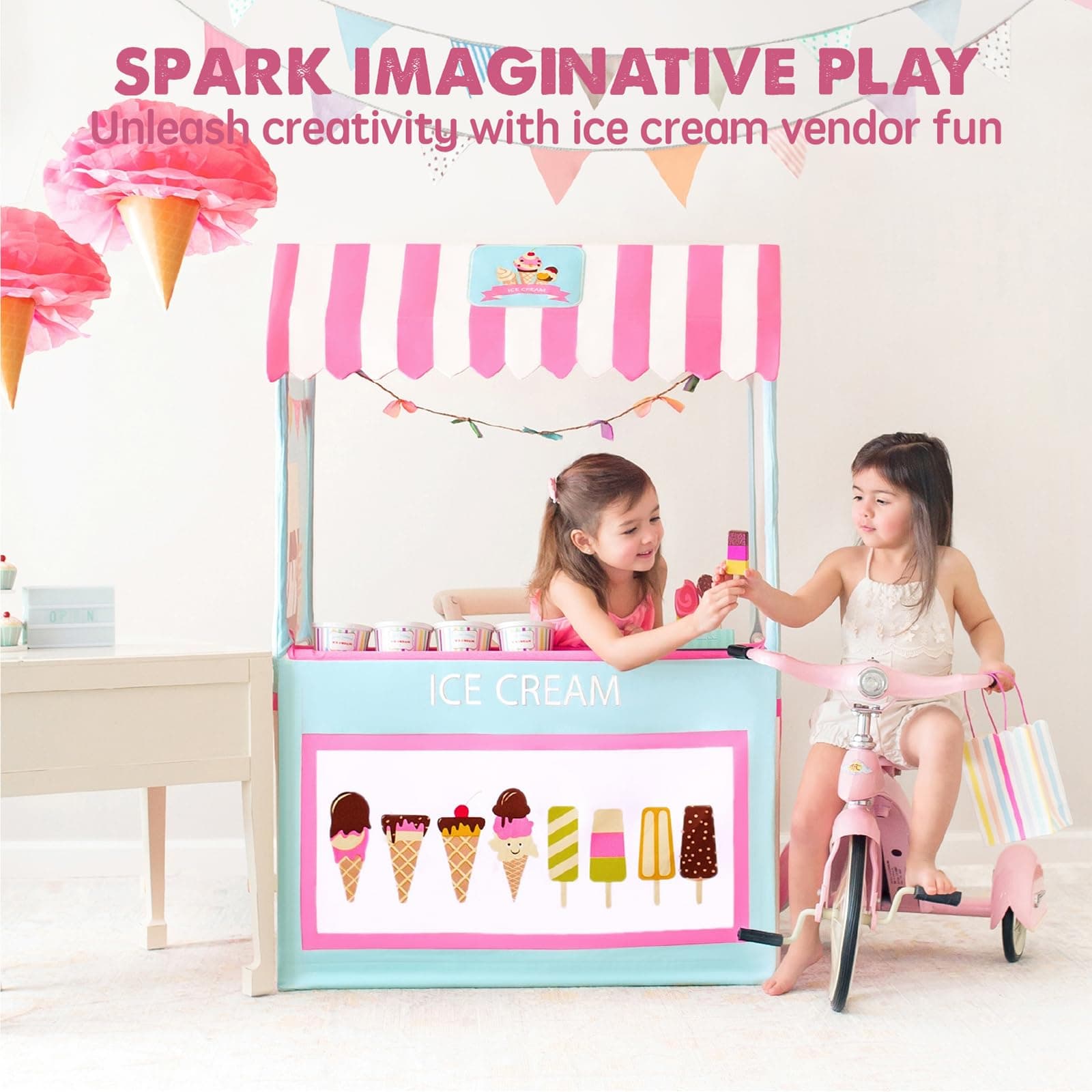 Ice Cream Cart, Kids Playstand Play Shop with 3 Pretend Foods - 49" High - Colorful Kids Business Pushcart for Development and Learning - Indoor and Outdoor Children's Playhouse