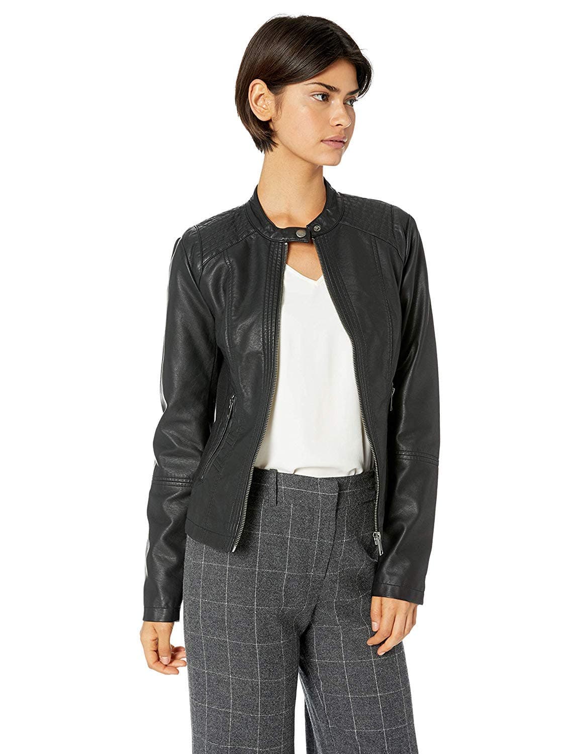 Collection Women's Faux Leather Jacket with Moto Details and Front Zip Pockets