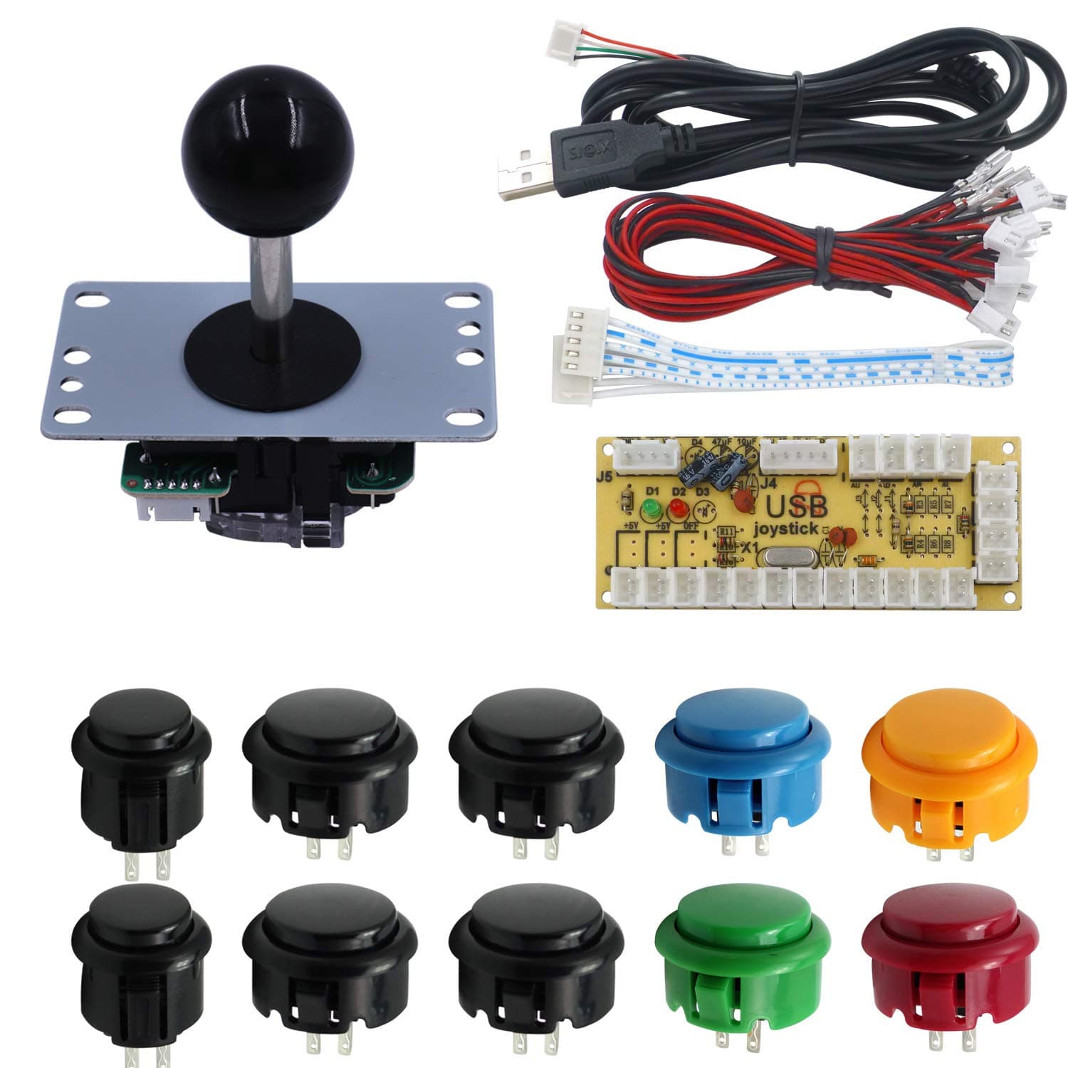 SJ@JX SJJX DIY Arcade Game Button and Joystick Controller Kit for Rapsberry Pi and Windows,5 Pin Joystick and 10 Push Buttons 822a Mix Black