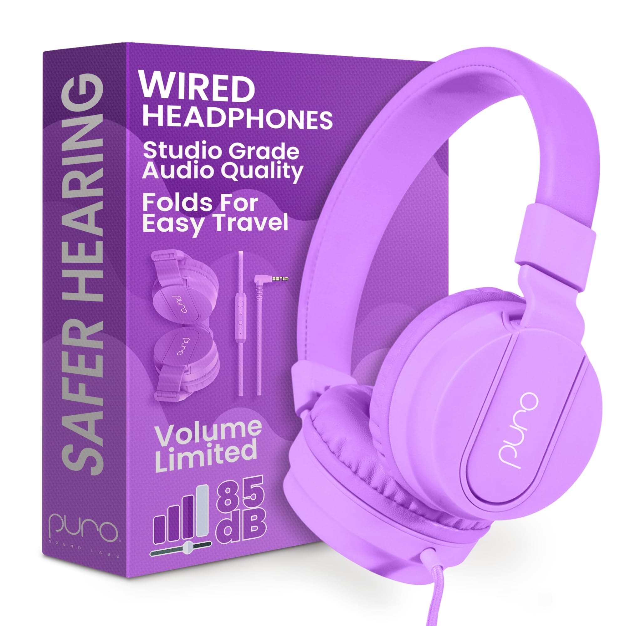Puro Sound Labs PuroBasic Volume Limiting Wired Headphones for Kids, Foldable & Adjustable Headband w/Microphone, Compatible with Smartphones, Tablets and PC’s (Purple)