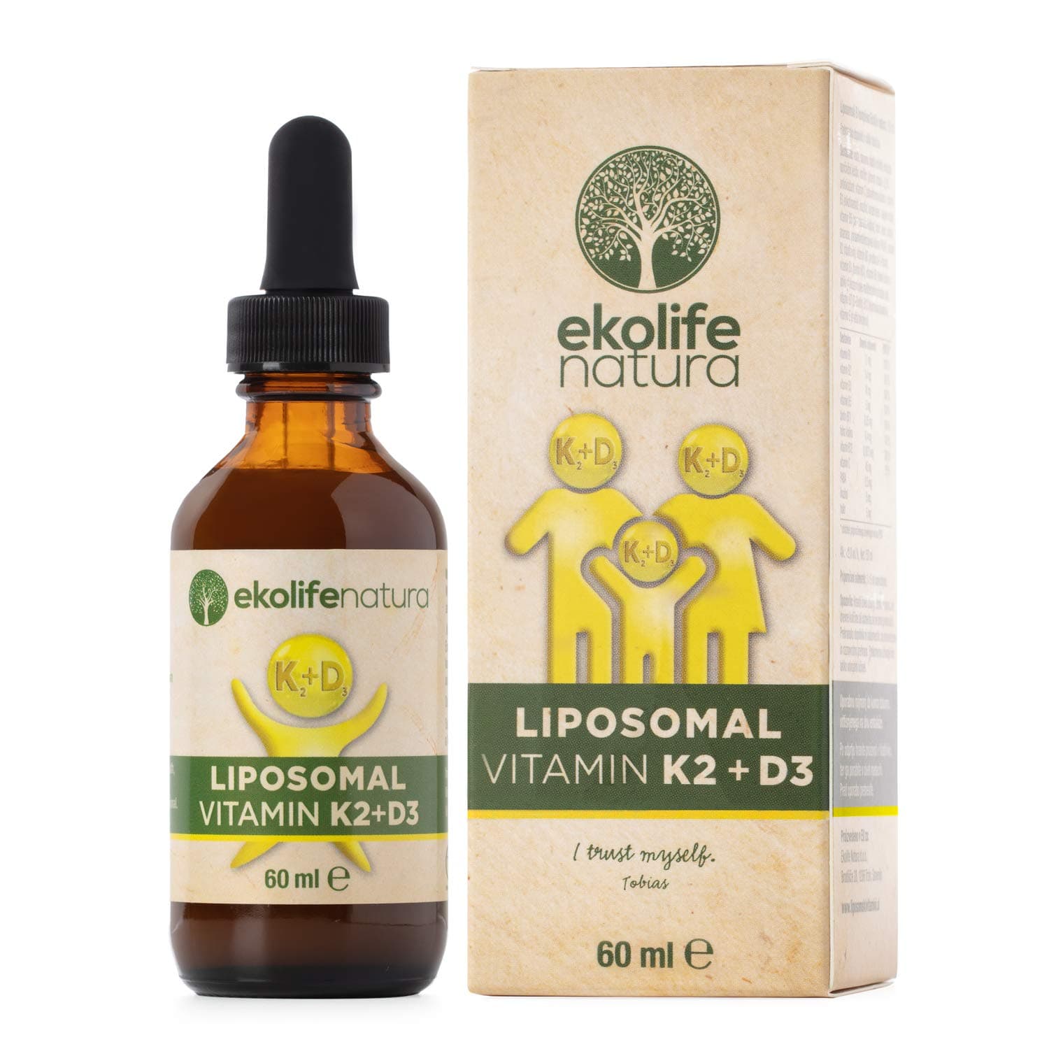 EKOLIFE Liposomal Vitamin D3 K2 Liquid Drops for Calcium Absorption for Healthy Bones, Heart, Circulatory System and Better Immune System; Vegan, Free-of Sugar, Soy and GMO, Gluten-Free