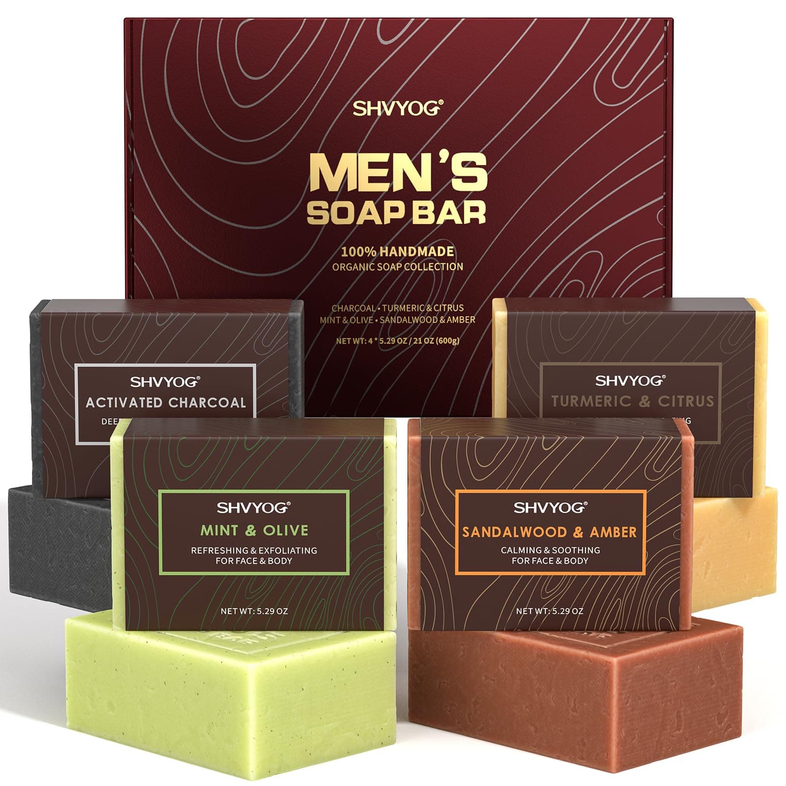 SHVYOG Mens Soap, 4 Pack Mens Bar Soap, Gift for Men Natural Cold Pressed Handmade Exfoliating Soap, Deep Cleansing, Moisturizing Bar Soap, Sandalwood Amber, Mint, Charcoal, Turmeric - 150G*4