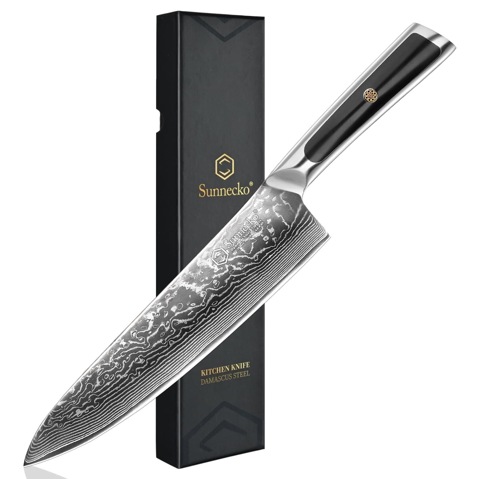 Sunnecko Damascus Chef Knife 8 inch- Razor Sharp Kitchen Knife Made of Damascus VG-10 Steel with Rivet Full Tang Solid Handle-Professional Japanese Chef's Meat Knife