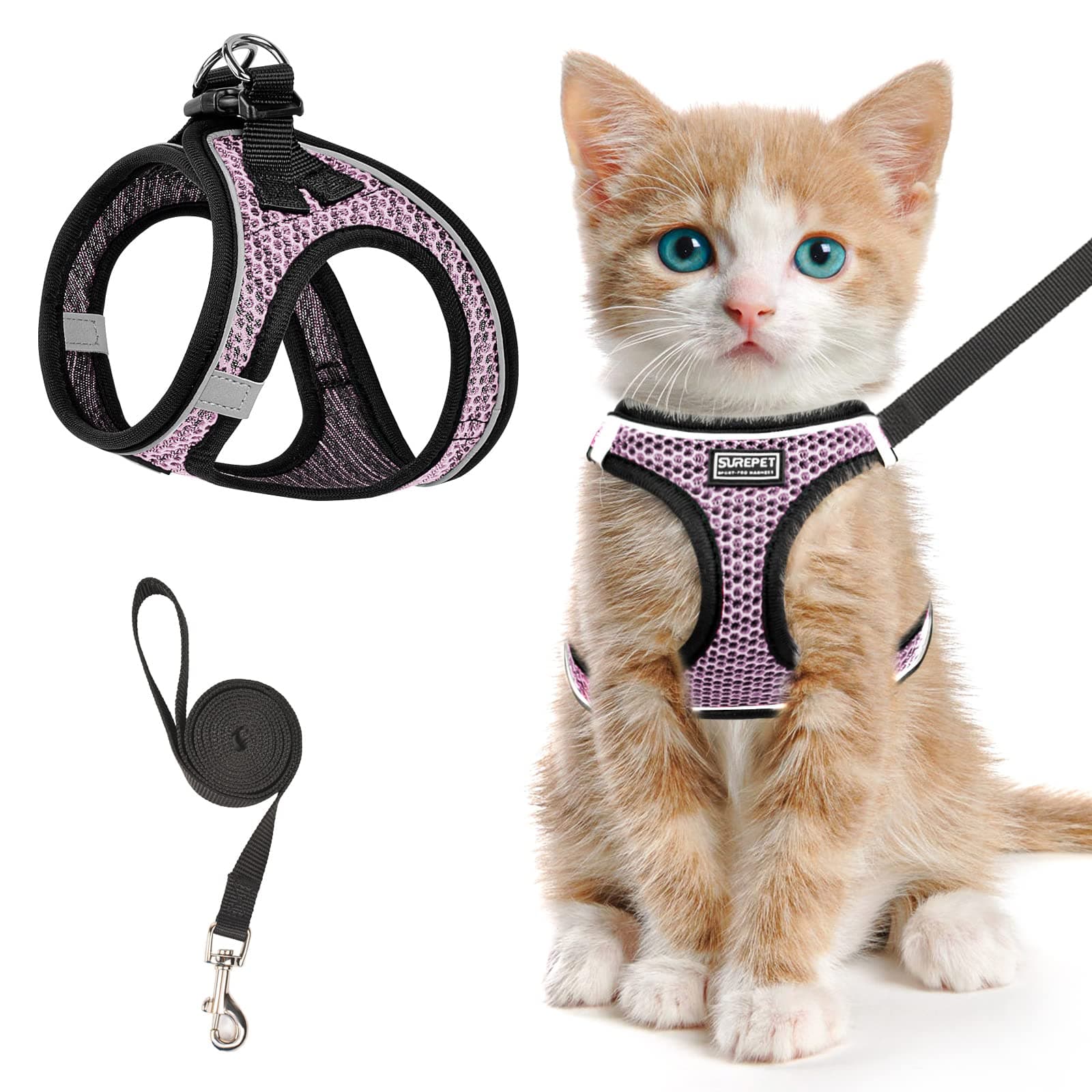 Cat Harness and Leash for Walking Escape Proof, Adjustable Kitten Vest Harness Reflective Soft Mesh Puppy Harness for Outdoor, Comfort Fit, Easy to Control (Lpink, XXS)