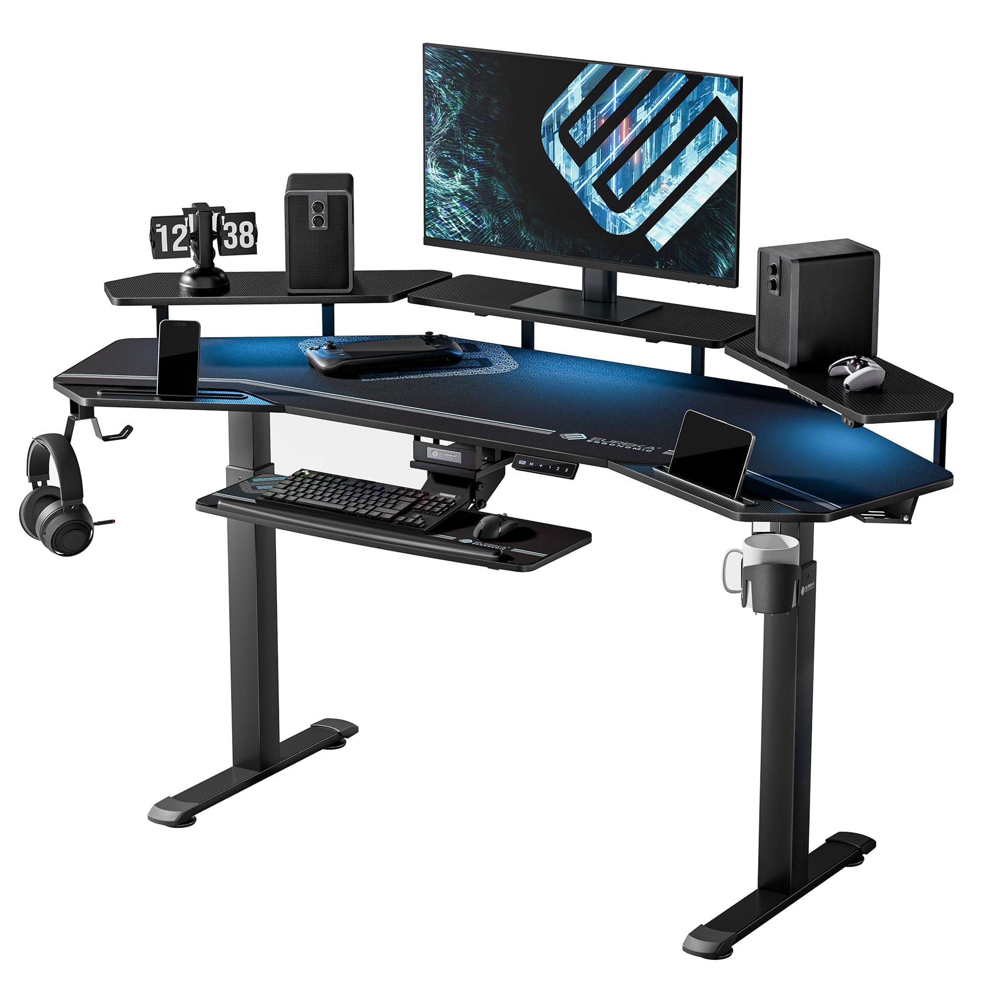 Electric Standing Desk 182x76 cm Wing Shaped Gaming Desk Height Adjustable Large Studio Computer Desk with LED Convertible Monitor Shelves, Keyboard Tray