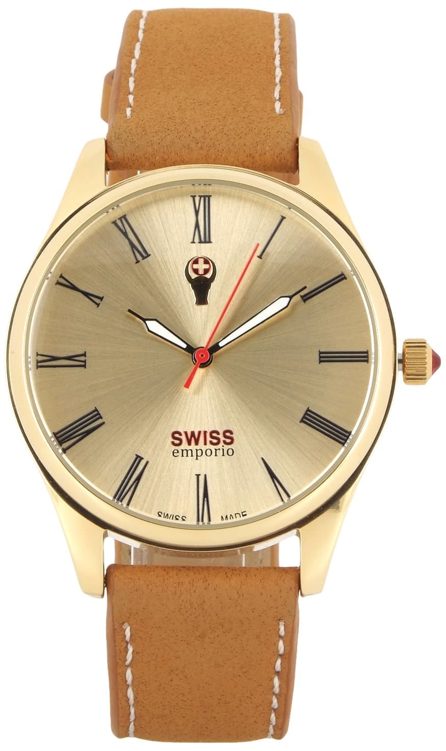 Swiss Emporio Men's Quartz Swiss Made Watch with Gold Dial Analogue Display and Brown Leather Strap SE02GLGL10