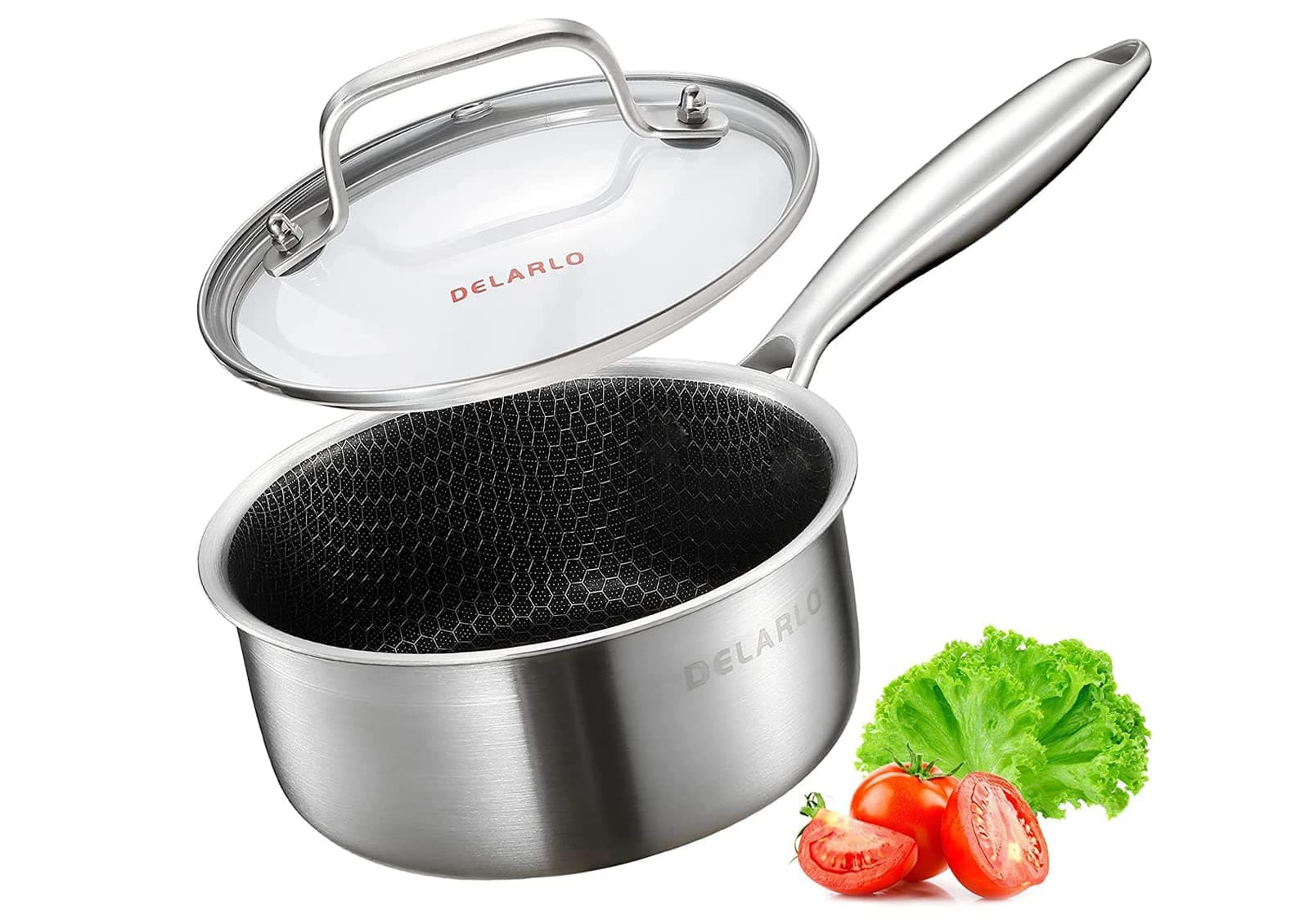 DELALRO Full Clad Tri-Layer Stainless Steel Sauce Pan, 2.5 Qt, All Stove Safe 300°F (300°F), Medium Sauce Pan with Lid, Non-Stick Sauce Pan with Lid, Fast & Uniform Heat, Steel Pot with Lid Energy
