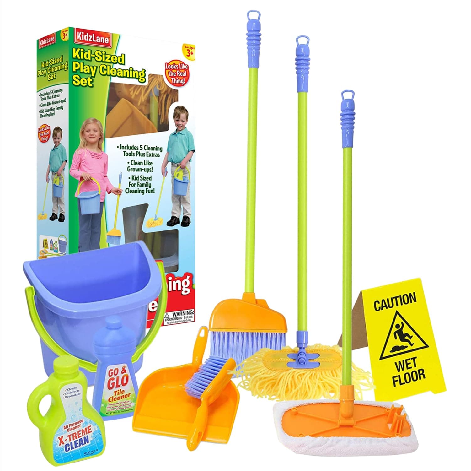 Kids Cleaning Toy Set - Toddler Cleaning Set with Realistic Broom, Mop, and Dustpan with Wet Floor Sign and Cleaning Tools - Kids Broom Set for Ages 3 and Up - Fun Playtime for Boys and Girls