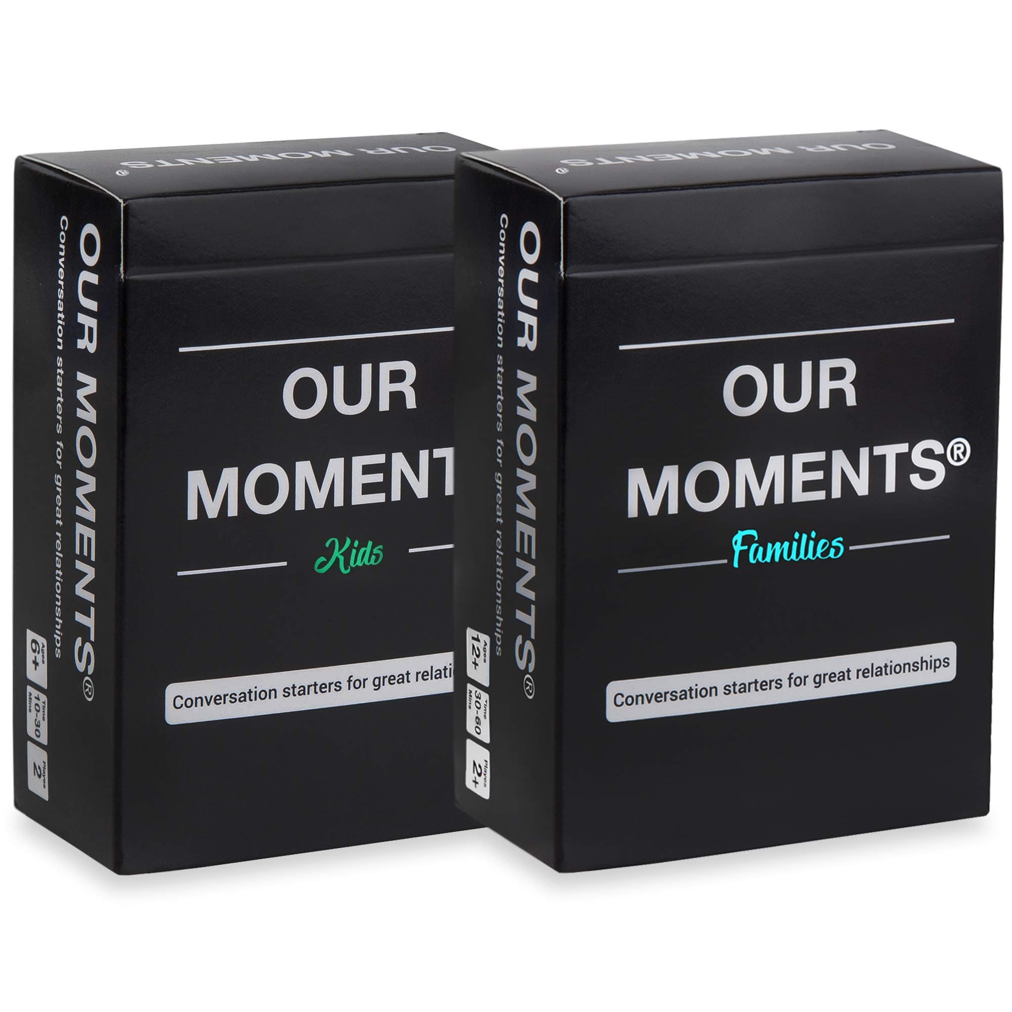 OUR MOMENTS Parents Bundle: 200 Thought Provoking Conversation Starters for Parent-Child Relationship Building - Fun Car Travel, Road Trip Card Questions Game for Families (2 Decks: Kids + Families)