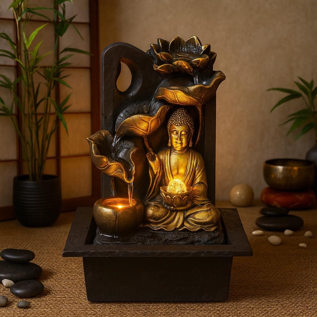 GEEZY Indoor Water Fountain - Buddha Statue Water Feature with LED Lights - Mains Powered & Self-Contained, Table Top, Relaxing & Tranquil - Perfect for Home, Living Room, Office Decor