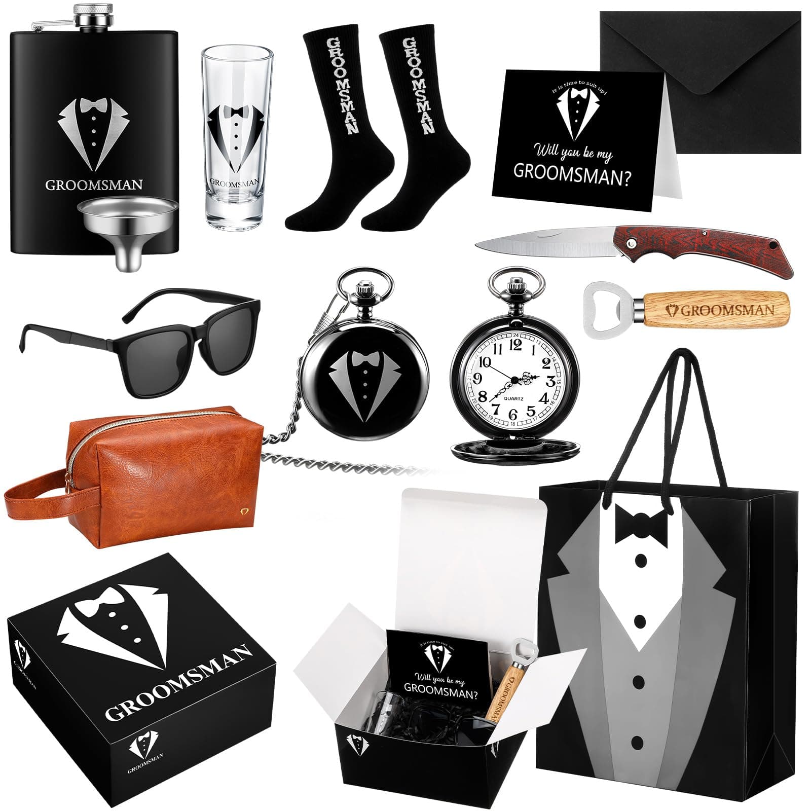 Shinylin 13 Pcs Groomsman Proposal Gift Set Stainless Steel Flask Box Bag Shot Glass Bottle Opener Pocket Watch Sunglasses Knife Sock Card Toiletry Bag for Wedding