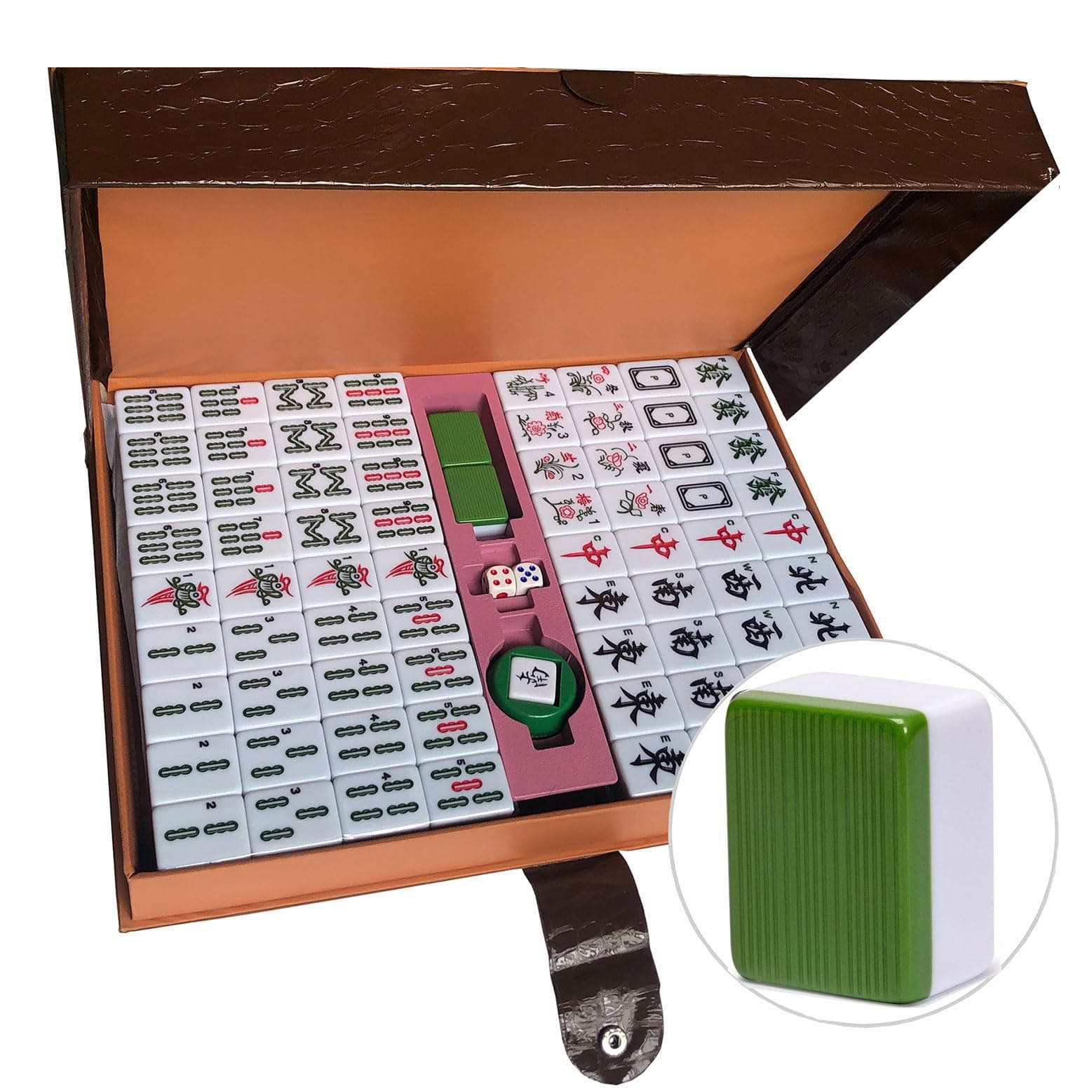 Mahjong Set, Chinese Mahjong Game Set with Carrying Travel Case,36x27mm,Large 144+2 Tiles with Arabic Numerals, 2 Dice and a Wind Indicator(Green)