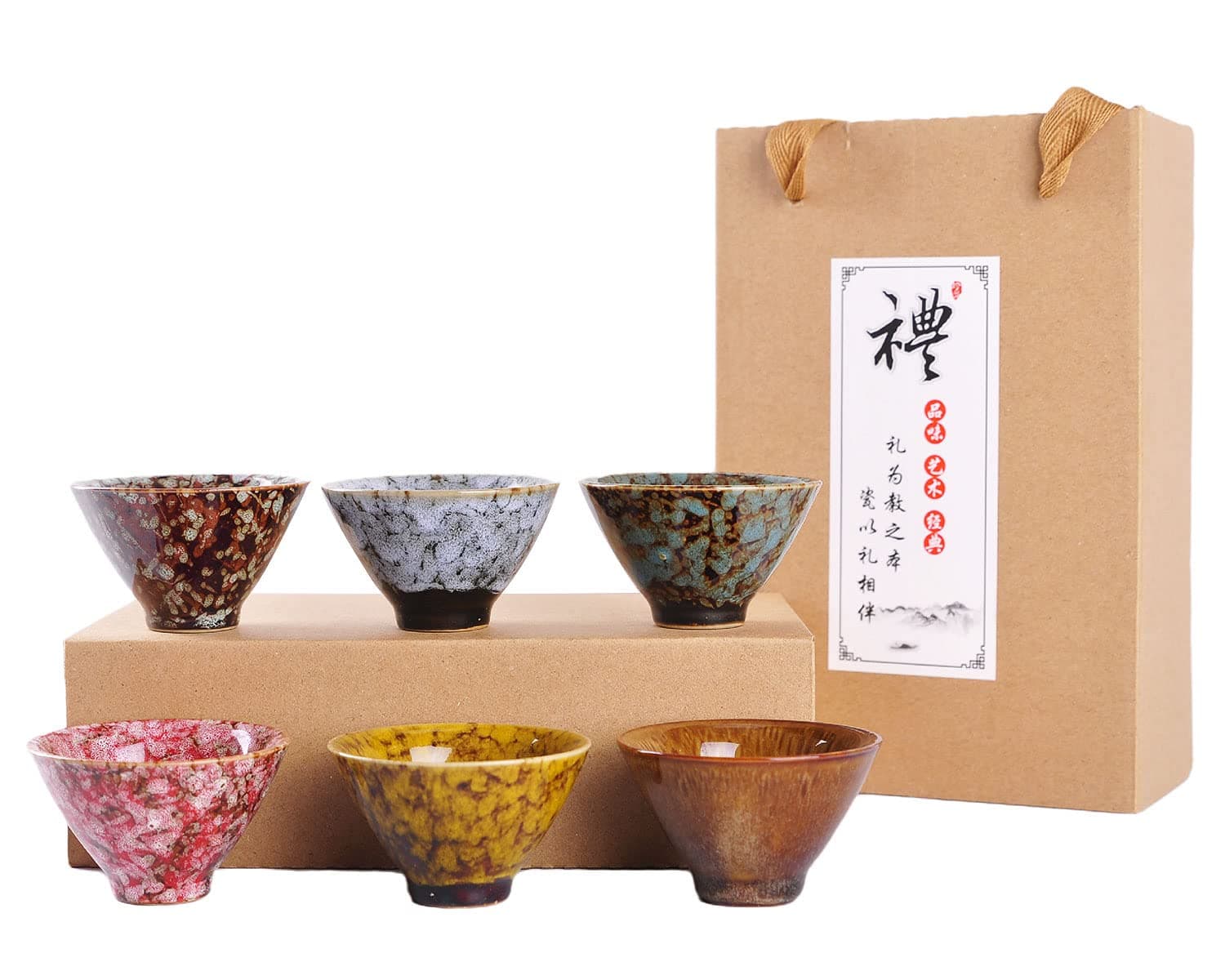 Ceramic, Japanese Sake Cups, Traditional Chinese Kung Fu Tea cups set Kiln Change Glazed. set of 6, 60ml/2oz
