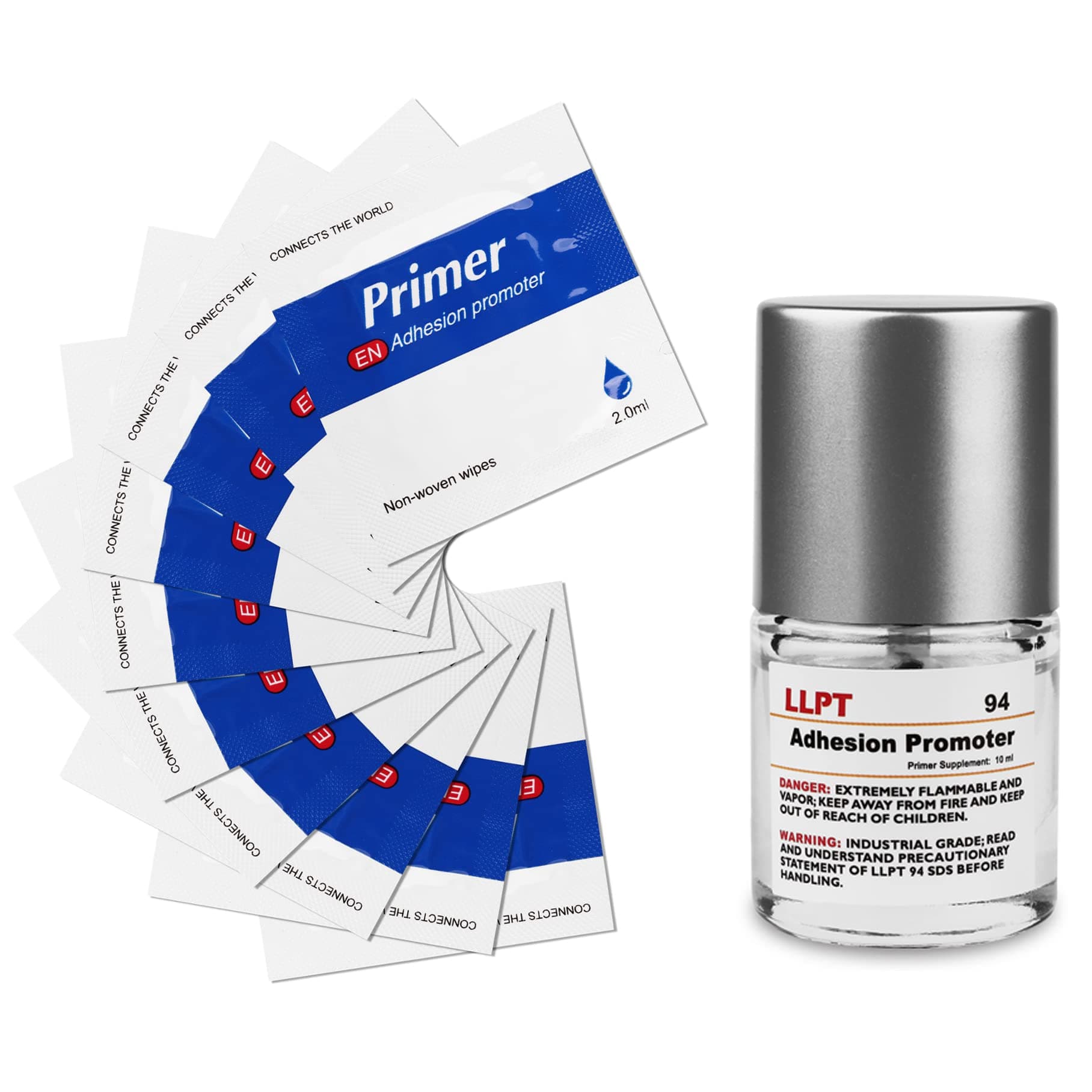 LLPT 94 Adhesion Promoter 10ml Bottle Primer with 10 Dry Wipes for Acrylic Double Sided Mounting Molding Tape