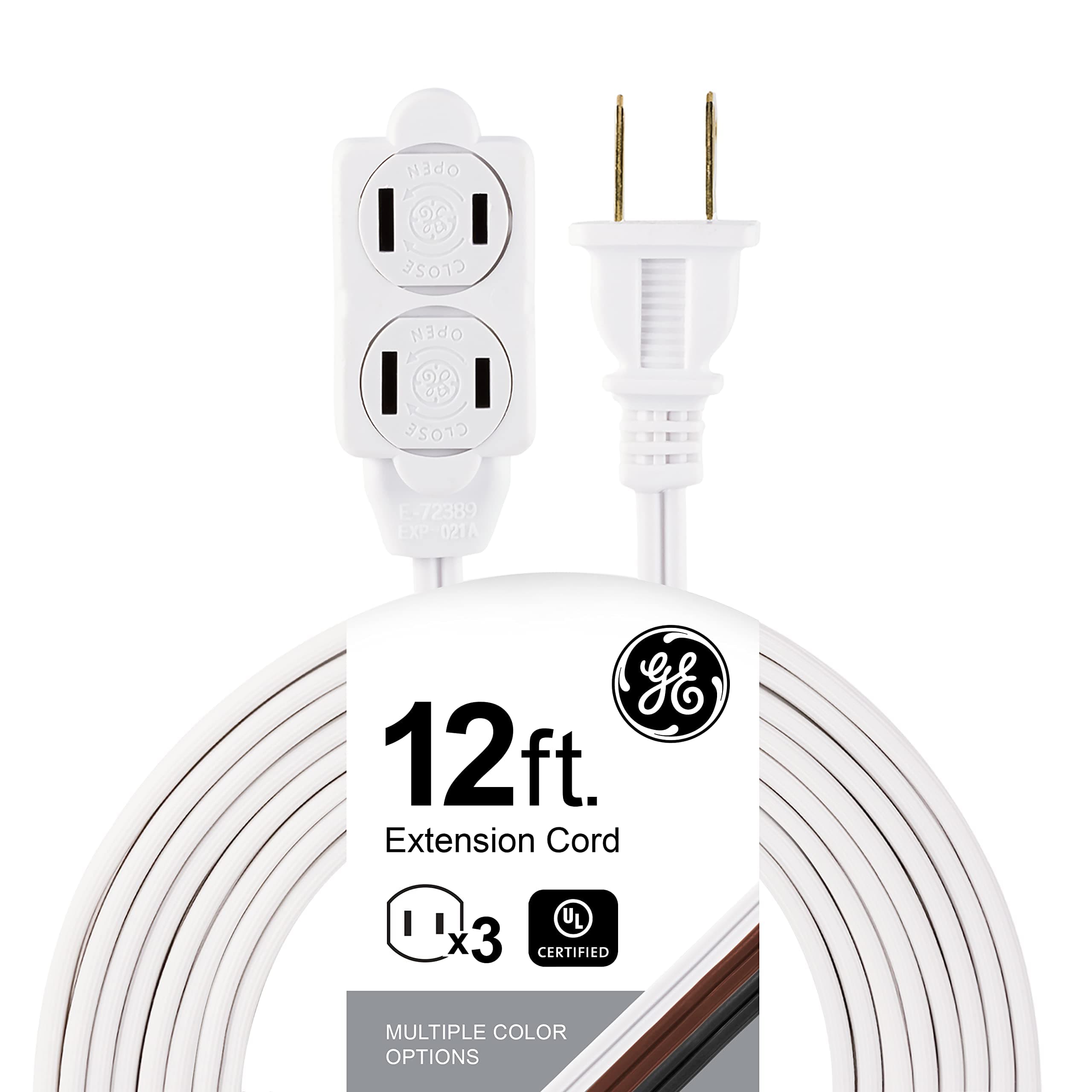 GE 12 Ft Extension Cord, 3 Outlet Power Strip, 2 Prong, 16 Gauge, Twist-to-Close Safety Outlet Covers, Indoor Rated, Perfect for Home, Office or Kitchen, UL Listed, White, 51954