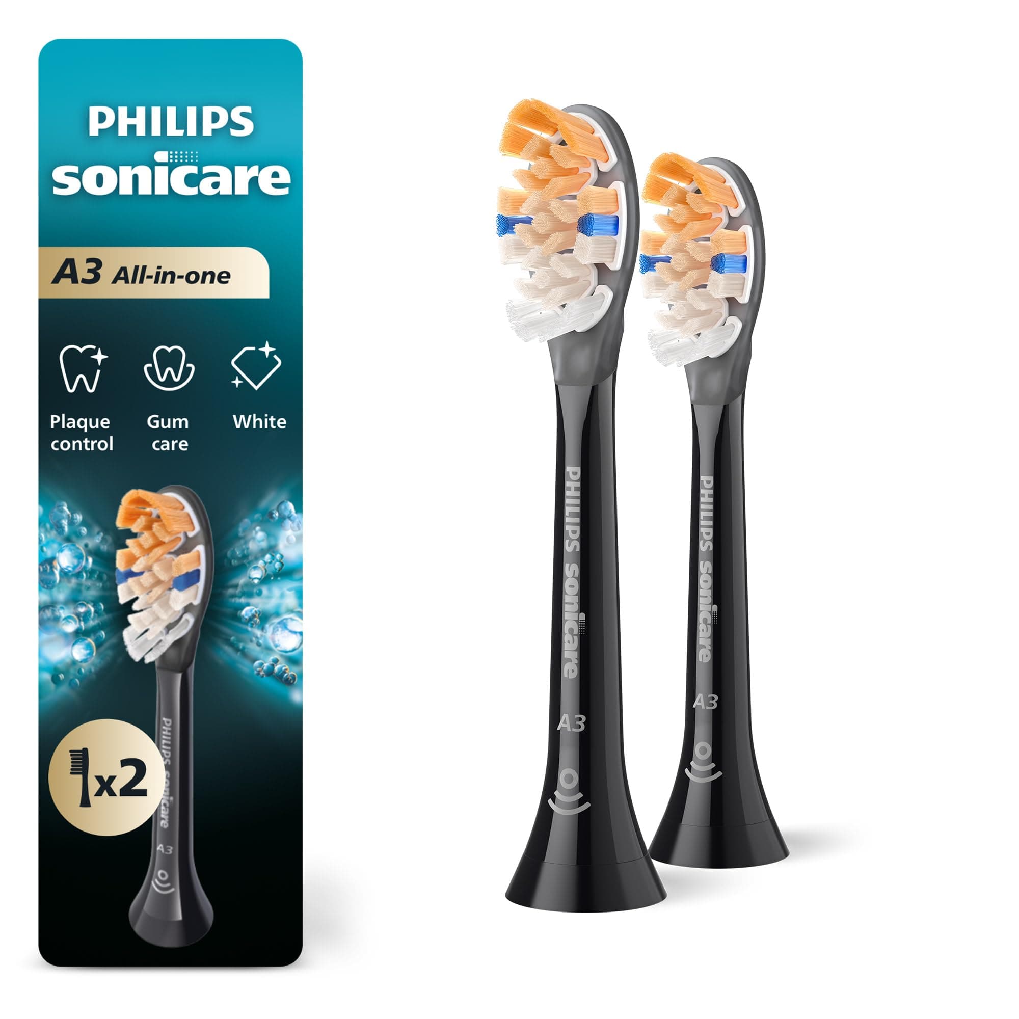 Philips Sonicare A3 All-in-One - Genuine Replacement Electric Toothbrush Heads, Black, 2 Pack, HX9092/95