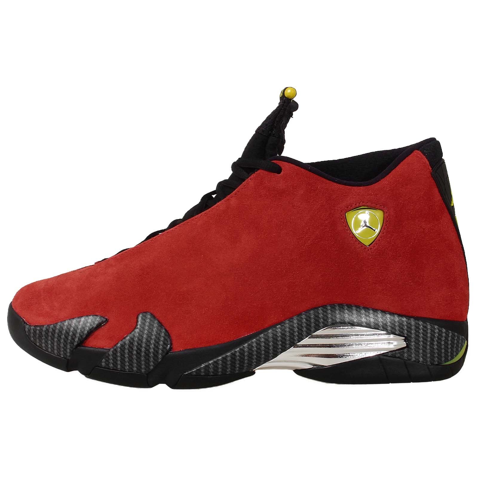 Nike Mens Air Jordan 14 Retro Ferarri Chilling Red/Black-Vibrant Yellow Suede Athletic Sneakers Size 12