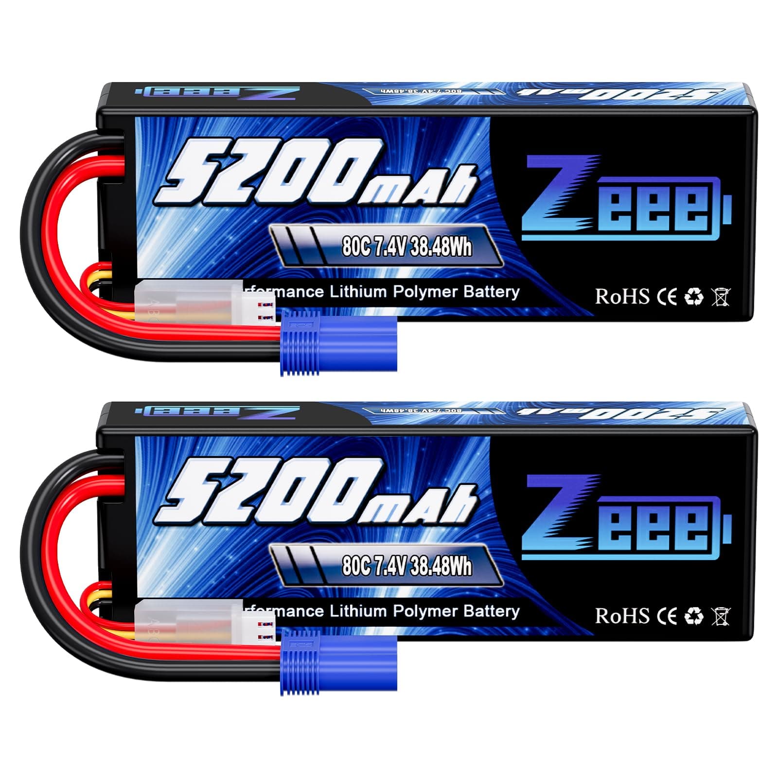 2S Lipo Battery 5200mAh 7.4V 80C 38.48Wh Hard case Battery with EC5 Plug for 1/8 1/10 RC Vehicles Car RC Buggy Truggy RC Airplane UAV Drone FPV(2 Pack)