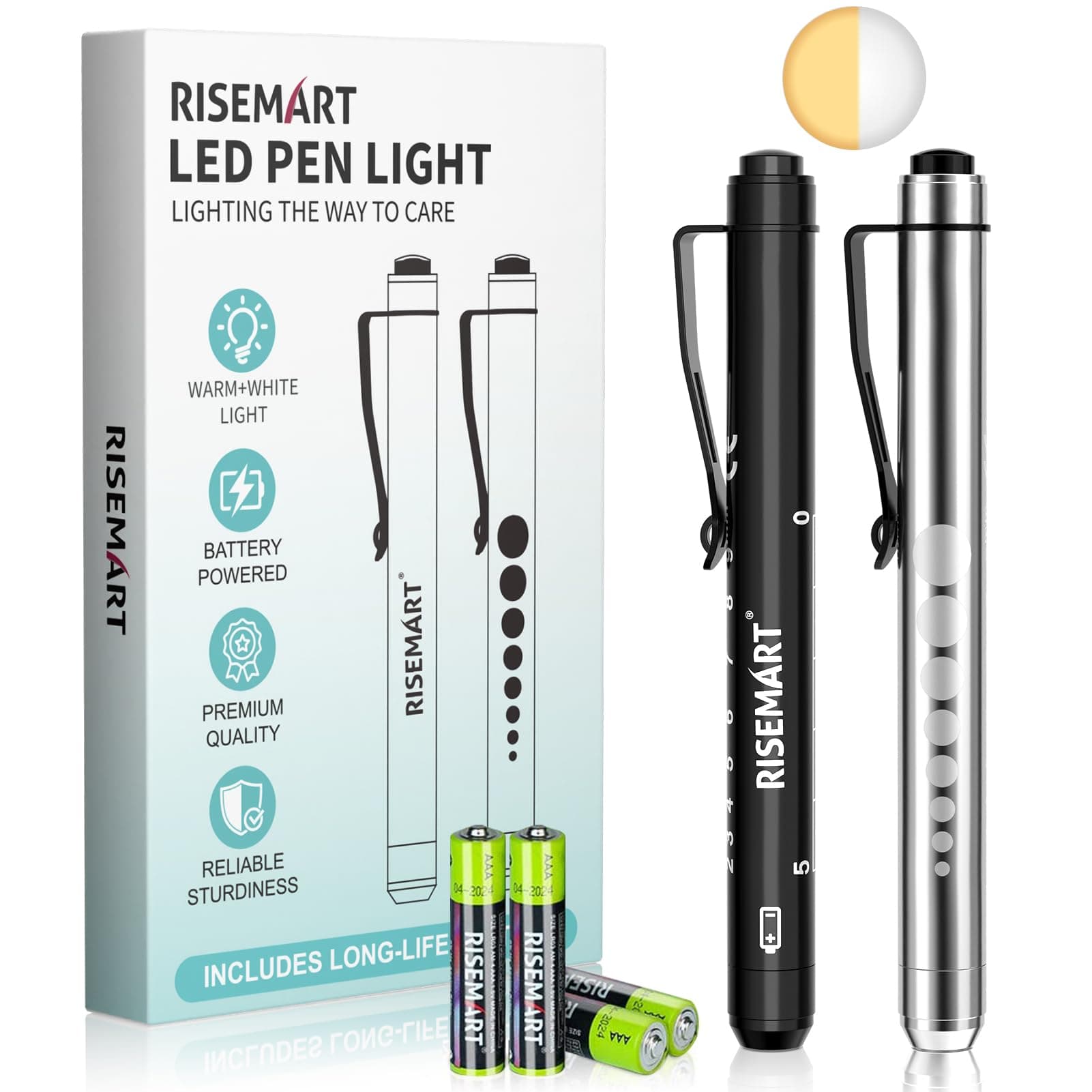 Pen Light, RISEMART Nurse Led Medical Penlight with Pupil Gauge for Nursing Students Doctors Black and Silver with Batteries