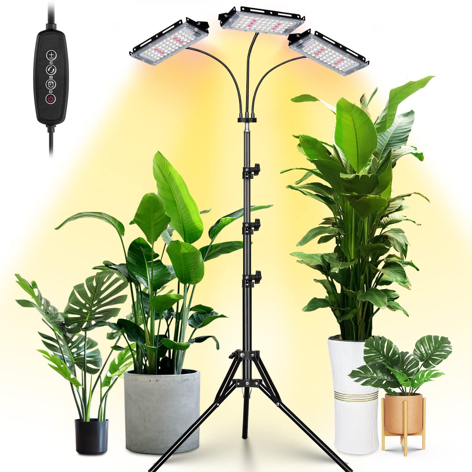 LORDEM Plant Grow Light with Stand, Full Spectrum LED Growing Lamp, Tri-Head with 3H/6H/12H Timer, 6 Dimmable Levels, 3 Lighting Modes, 15"-63" Adjustable Tripod