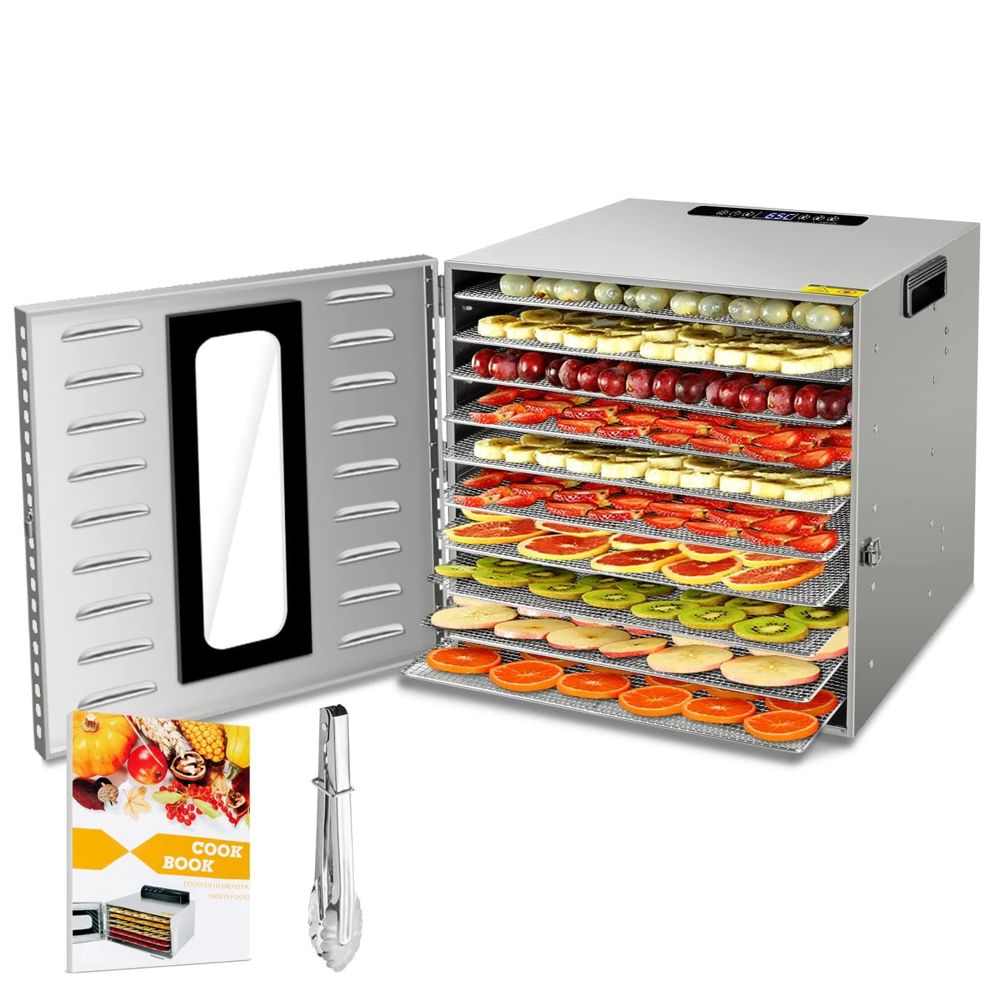 GCSJ New Arrival 10 Trays Food Dehydrator Machine with Visible Glass Window, All Stainless Steel, Thermostat 30-90°C, Timer 24 Hours, Dehydrator for Fruit, Vegetables, Meats and Chili, BPA-Free