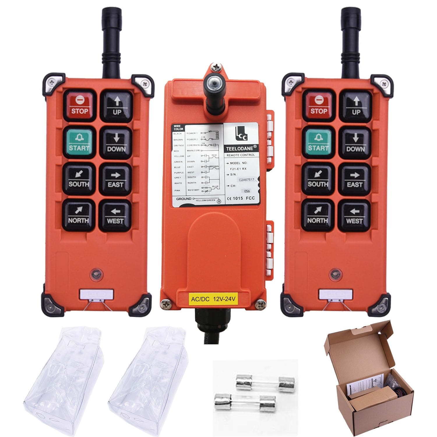 Industrial Wireless Crane Remote Control kit F21-E1B 8 Button 12v 24v Electric Lift Hoist Overhead Tower Bridge Radio Switch Receiver (2 Transmitters + DC 12V Receiver)