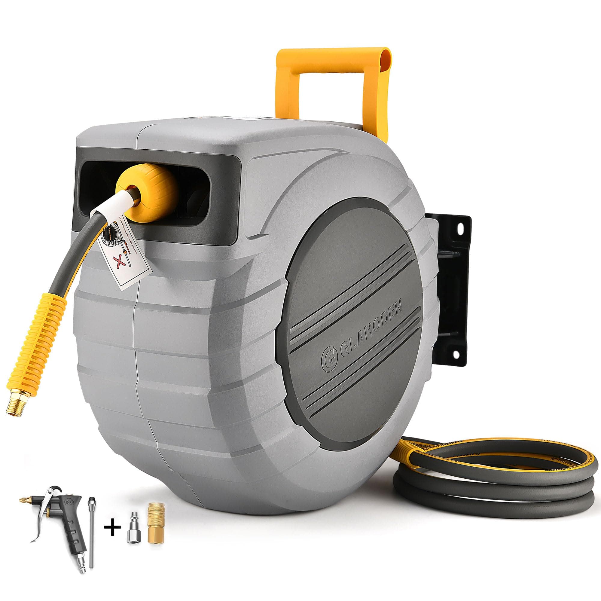 GLAHODEN Air Hose Reel 100 Ft Retractable, 3/8 in x 100 Ft Hybrid Hose Air Compressor Hose Reel with 6 Ft Lead in Max 300 PSI Patented Design for Any Length Lock 180°Swivel Bracket Quick Coupler
