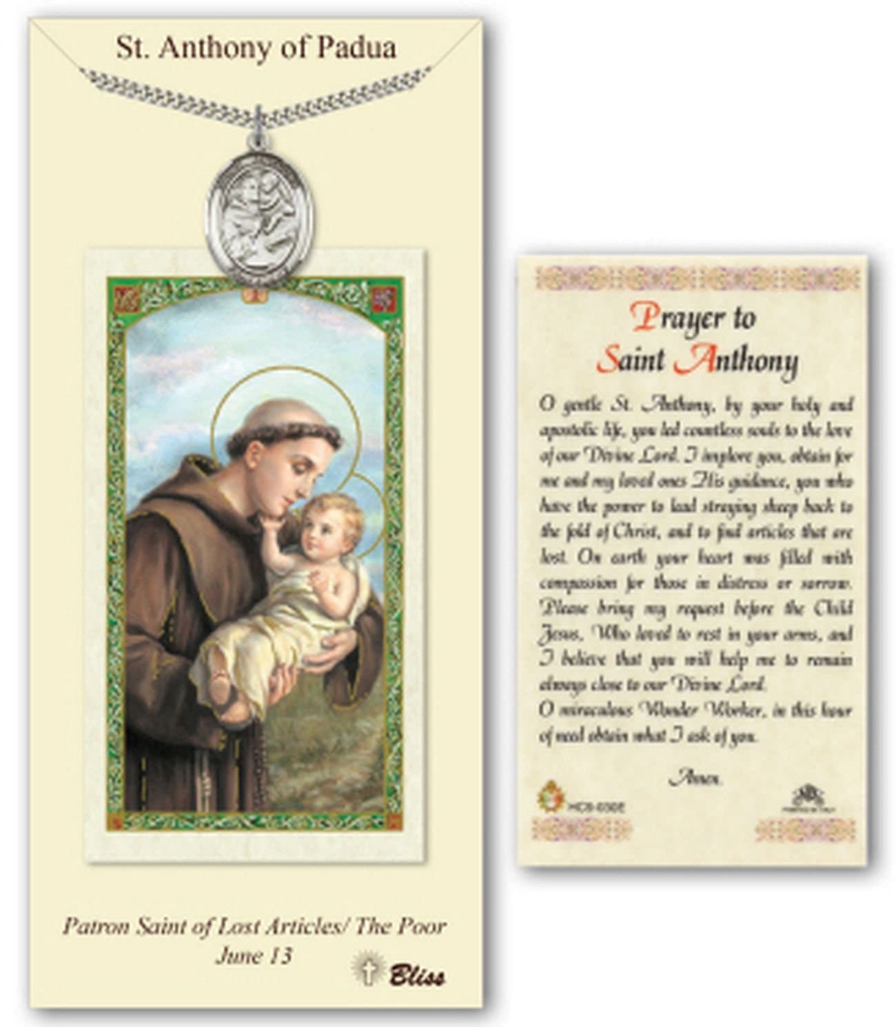 Pewter Saint Anthony of Padua Medal Pendant Necklace | 24" Stainless Silver Heavy Curb Chain | Comes With a "Prayer to St Anthony" Prayer Card | First Communion or Confirmation Gift