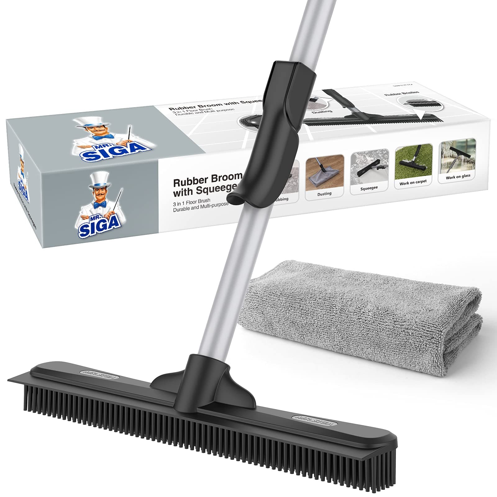 Pet Hair Removal Rubber Broom with Built in Squeegee, 3 in 1 Floor Brush for Carpet, 61 inch Adjustable Handle, Includes 1 Microfiber Cloth for Floor Dusting
