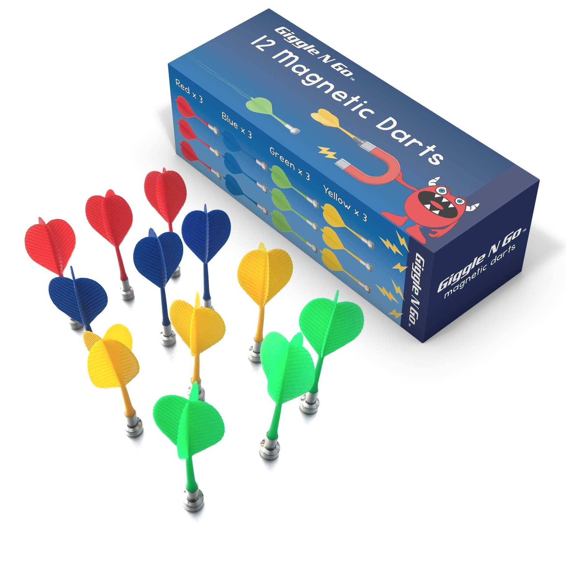 Giggle N Go Magnetic Replacement Darts for Kids - 12 Quality Safety Darts in 4 Color's for Darts Replacement or if You Just Need Some Extra Magnetic Darts for Kids - 3 X Red, Blue, Green and Yellow