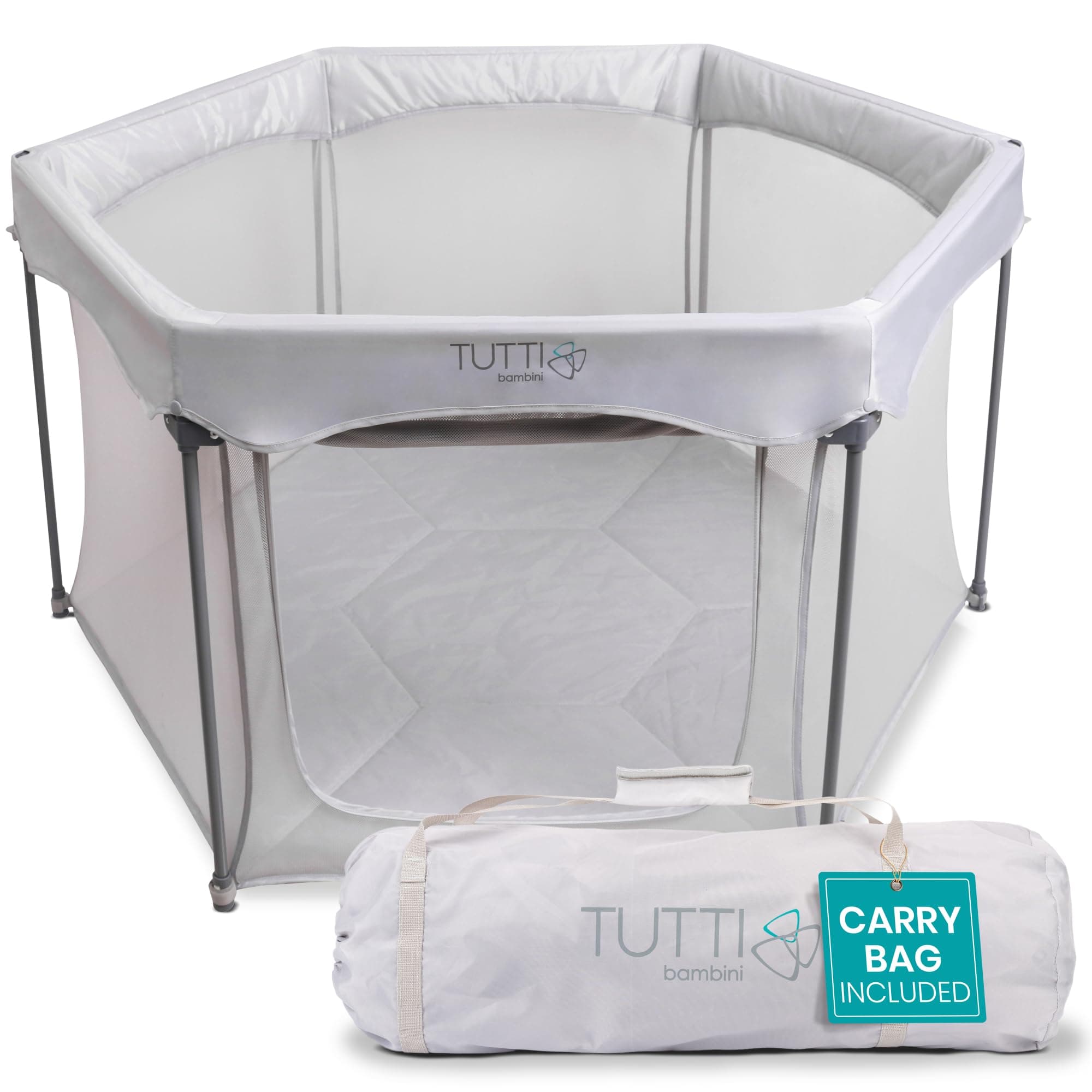 Tutti Bambini Baby & Playpen - Foldable Playpen for Toddlers with Breathable Mesh Walls, Padded Frame, Zip Door & Fitted Mat, Travel Bag (135 x 135 x 75 cm), Silver