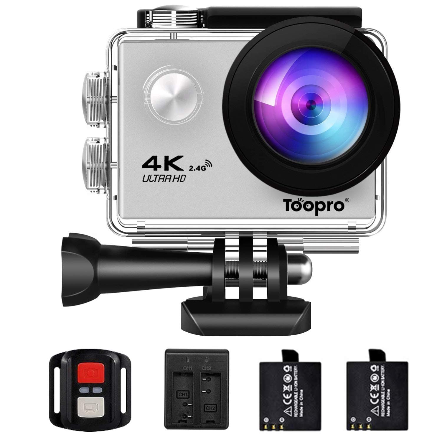 Action Camera,Toopro 4K WiFi Ultra FHD Waterproof Sport Camera with 170 Wide-Angle Lens and Rechargeable 900mAh Battery, Including Waterproof Case and Full Accessories Kits (Silver)