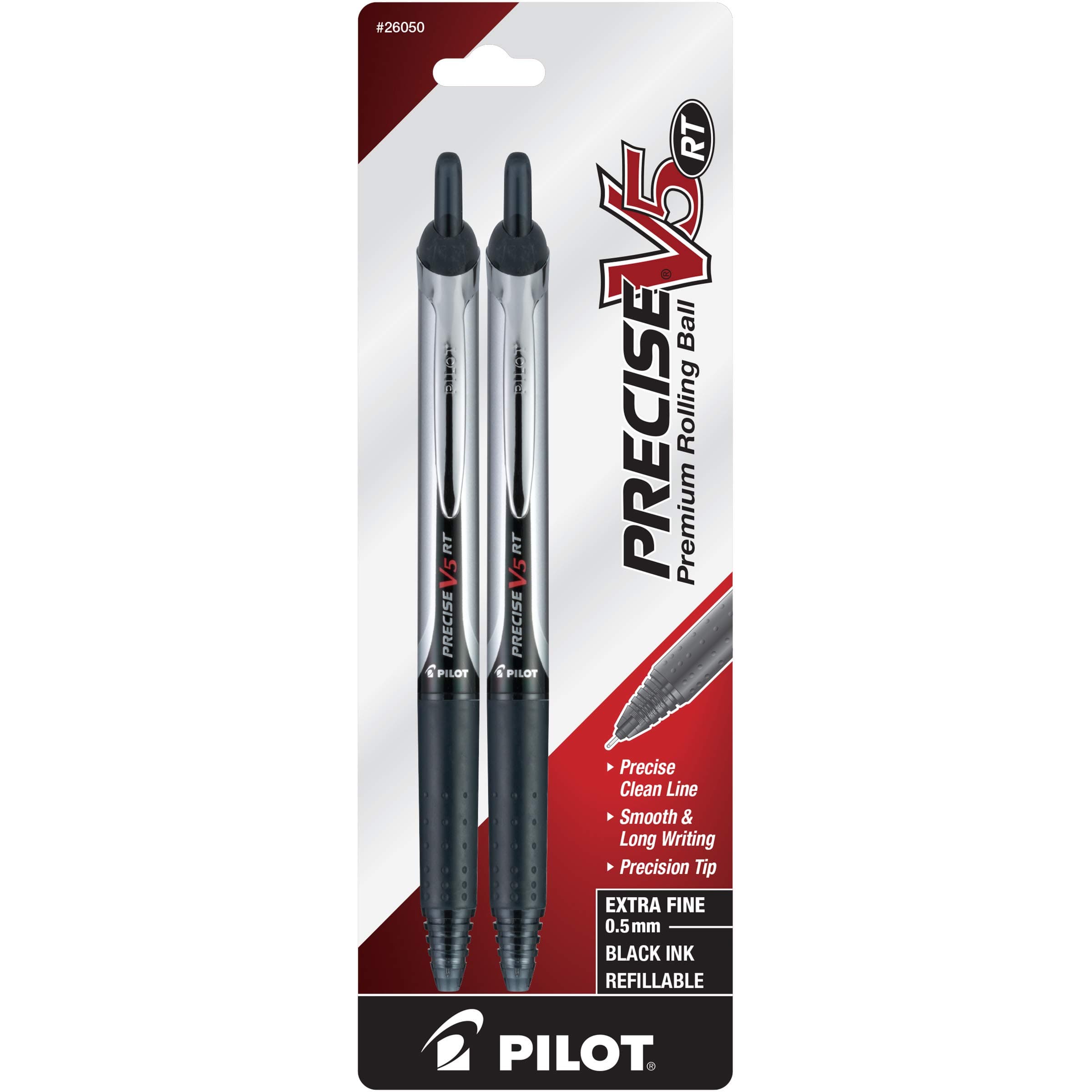 Precise V5 RT Retractable Rolling Ball Pens, Extra Fine Point, 2-Pack, Black Ink (26050)
