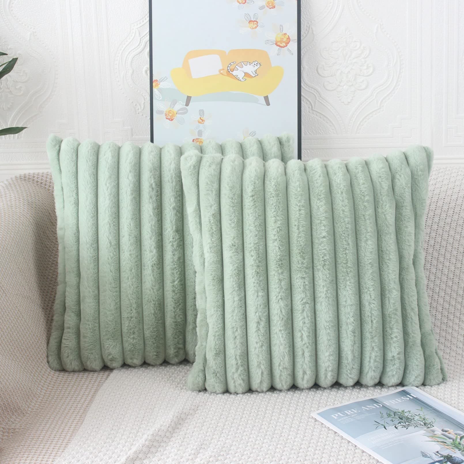 NIULAA Sage Green Cushion Covers 50cm x 50cm Fluffy Faux Fur Cushion Covers 20x20 inches Set of 2 Pillow Covers Soft Plush Pillowcases for Sofa Bed Moroccan Style Home Decor Cushion Cover